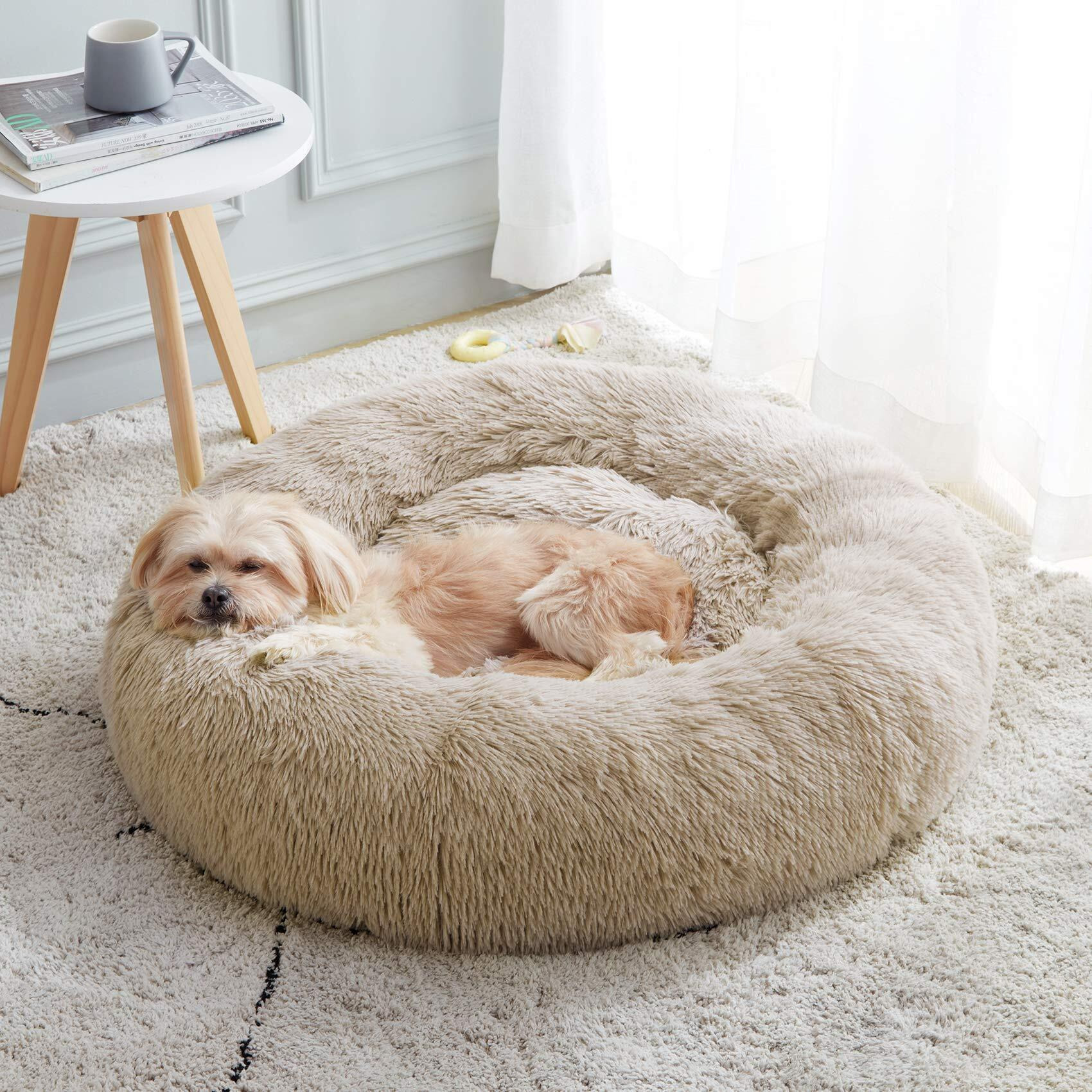 Calming Dog Bed & Cat Bed, Anti-Anxiety Donut Dog Cuddler Bed, Warming Cozy Soft Dog Round Bed, Fluffy Faux Fur Plush Dog Cat Cushion Bed For Small Medium Dogs And Cats (20""/24""/27""/30"")