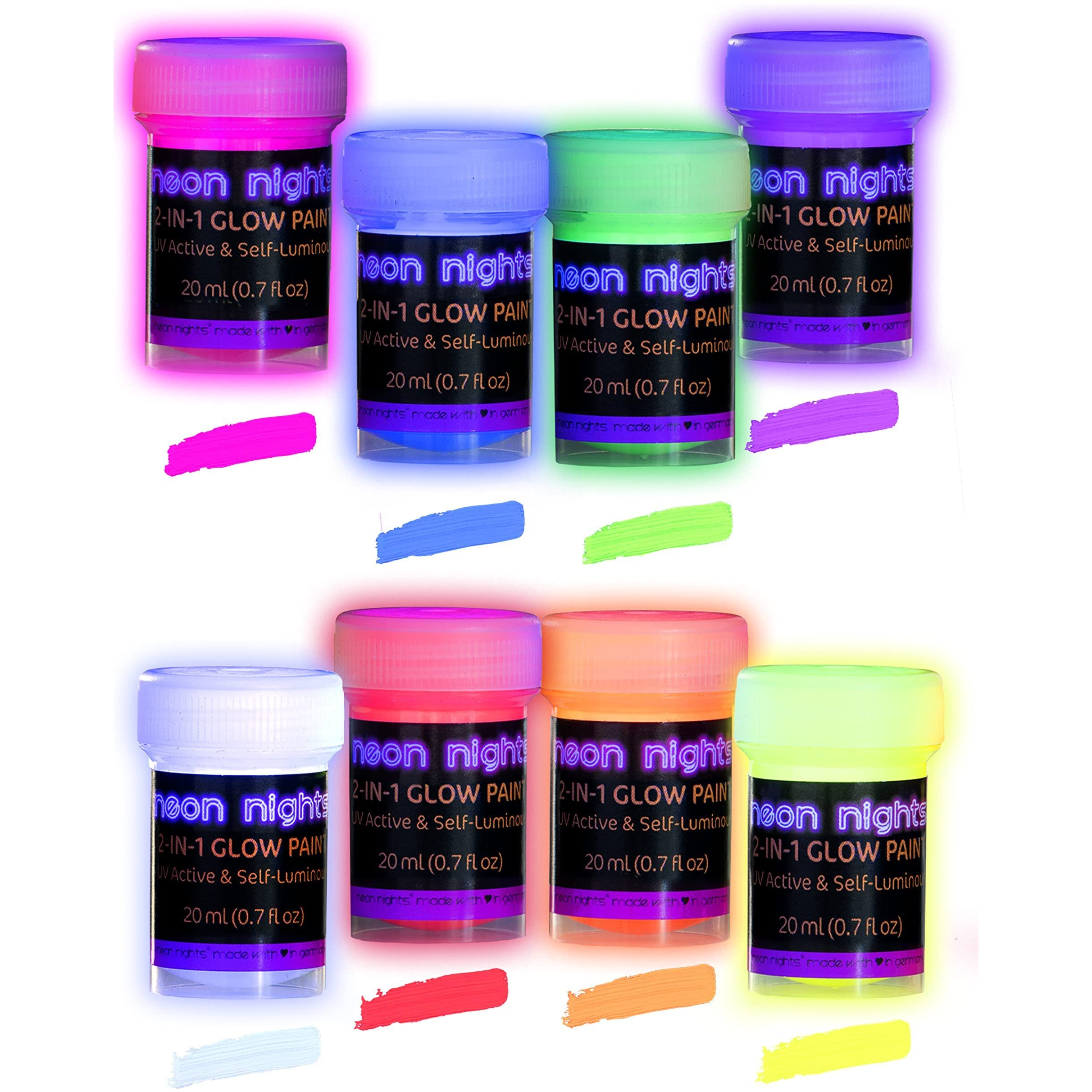 Neon Nights Glow In The Dark Paint - Pack Of 8 Multi-Surface Uv Paint Set - 2-In-1 Acrylic Paints, Uv & Blacklight Activated, Self Luminous, 20Ml - For Halloween And Holiday Dcor