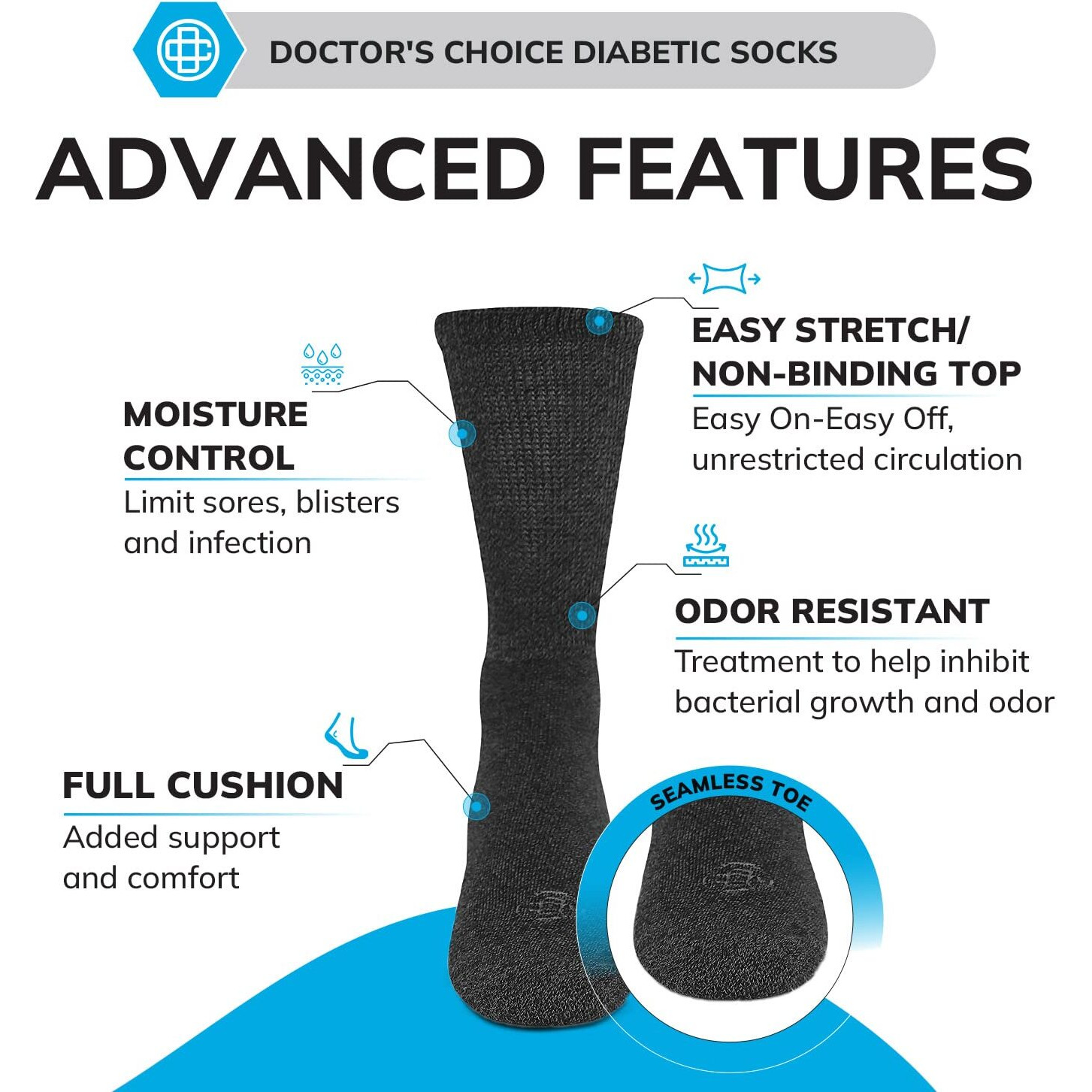 Doctor's Choice Diabetic Socks For Men, Seamless Crew Socks With Non-Binding Top, Provides Extra Comfort For Gout, 4-Pairs, Charcoal, Large, Size 10-13