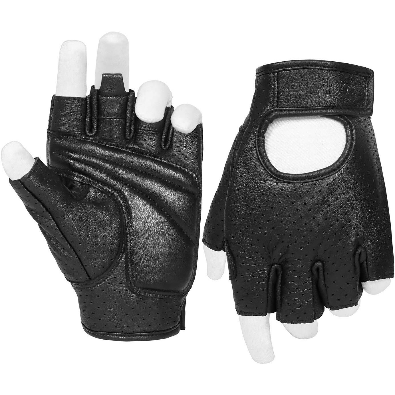 Kaiwende Half Finger Men's Motorcycle Gloves Gel Padded Fingerless Leather Motorbike Gloves (Black, Large)
