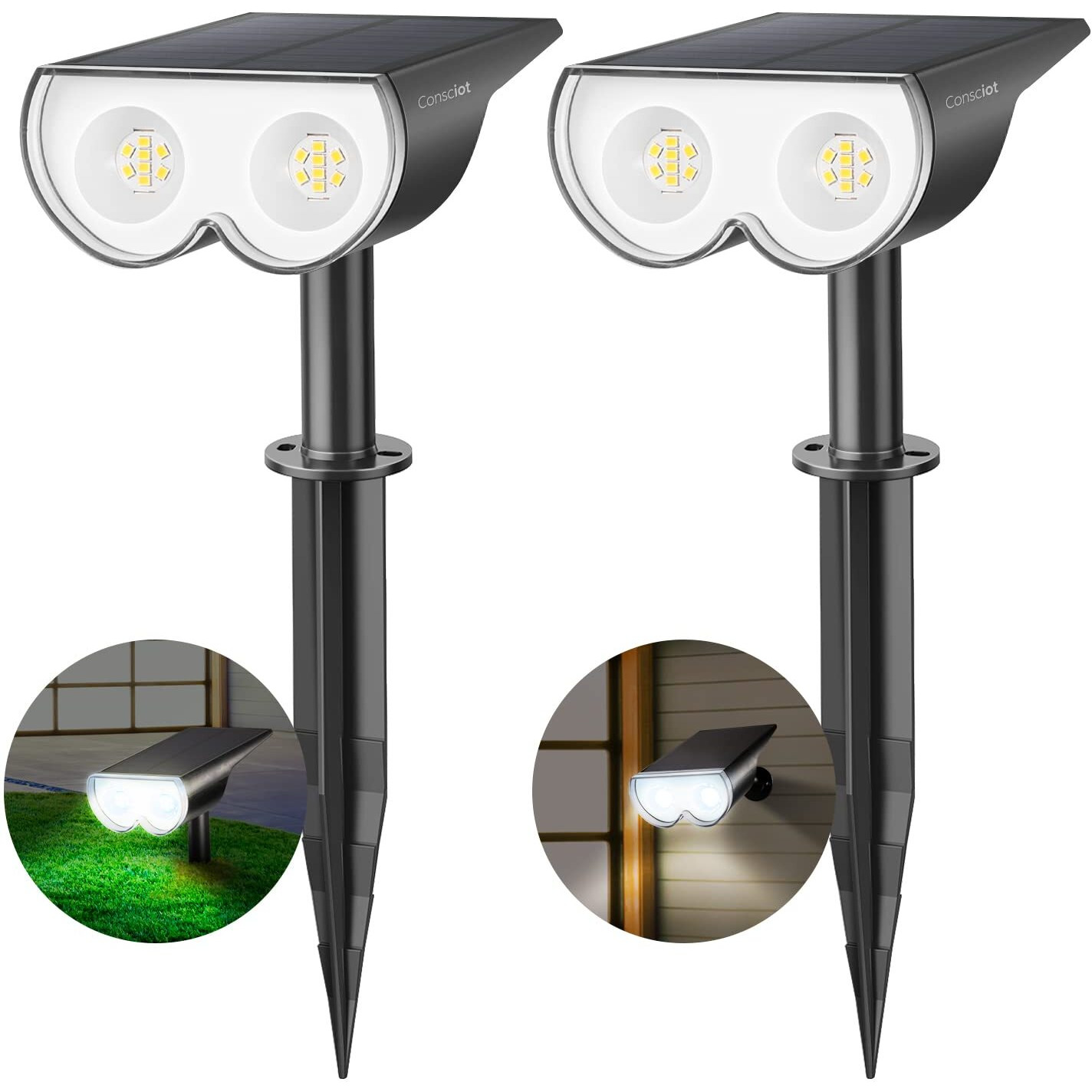 Solar Spot Lights Outdoor, Consciot 16 Leds Ip67 Waterproof Solar Outdoor Lights, Auto On/Off Solar Landscape Spotlights, 2-In-1 Adjustable Wall Lights For Garden Yard Pathway, 2 Pack (Cool White)