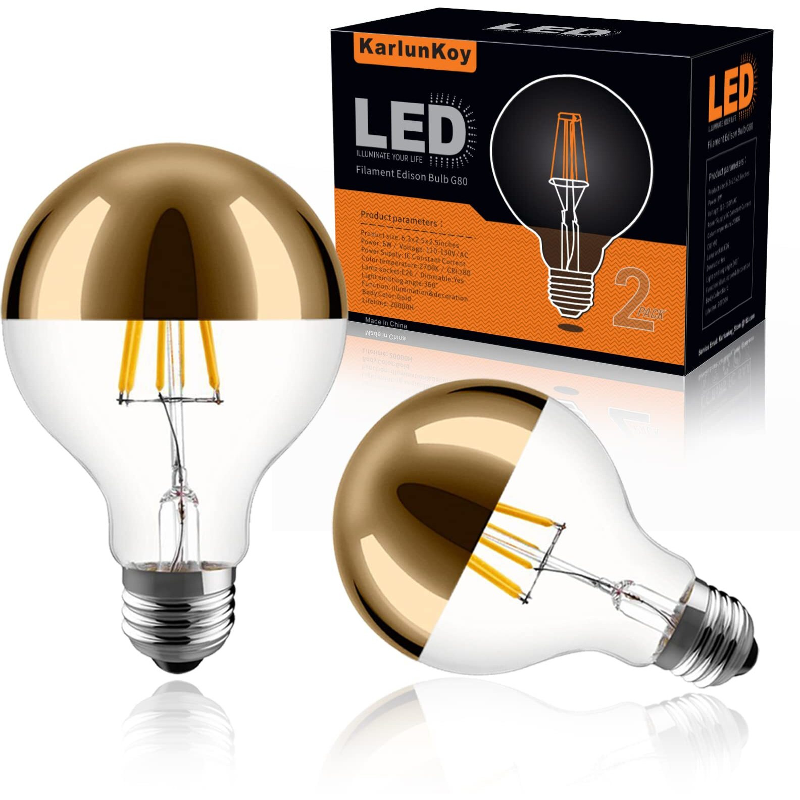 Karlunkoy Half Chrome Light Bulb 6W (60W Equivalent) Dimmable Led Edison Bulb G80/G25 Globe Shape Decorative Led Bulb Half Gold Reflected Light 2700K Soft White E26 Base Pack Of 2