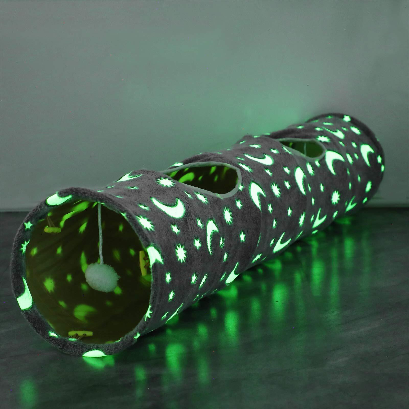 Luckitty Cat Tunnel Tube With Plush Ball Toys Collapsible Self-Luminous Photoluminescence, For Small Animals Pets Bunny Rabbits, Kittens, Ferrets,Puppy And Dogs Grey Moon Star