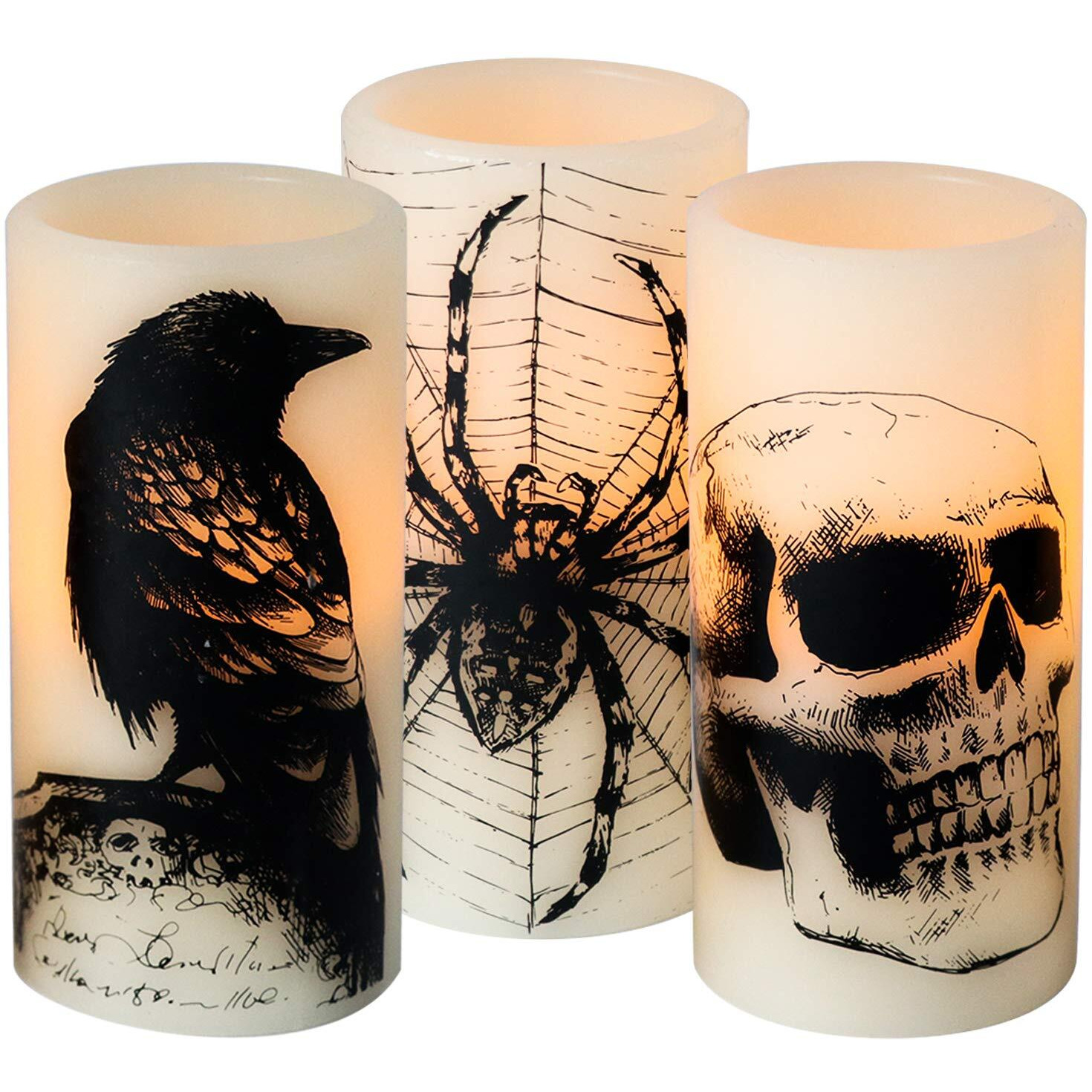 Dromance Halloween Flameless Flickering Candles Battery Operated With 6 Hour Timer White Real Wax Spooky Led Pillar Candles Skull Spider Crown Decals Hallloween Indoor Decor(3 X 6 Inches)