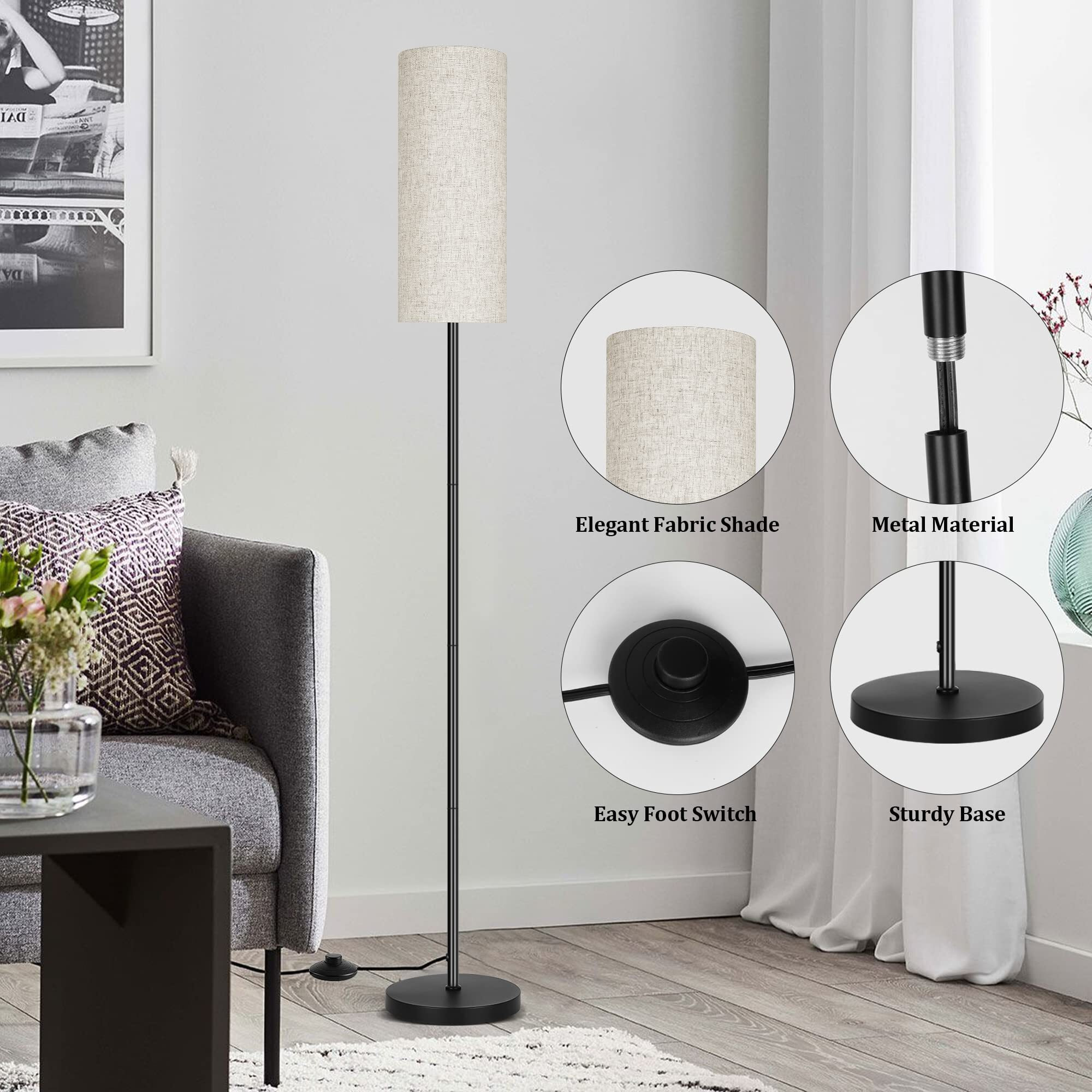 Partphoner Floor Lamp For Living Room, Modern Standing Lamps With Lampshade, Minimalist Tall Lamp With Foot Switch For Living Room, Bedroom, Kids Room, Office(Bulb Not Included)