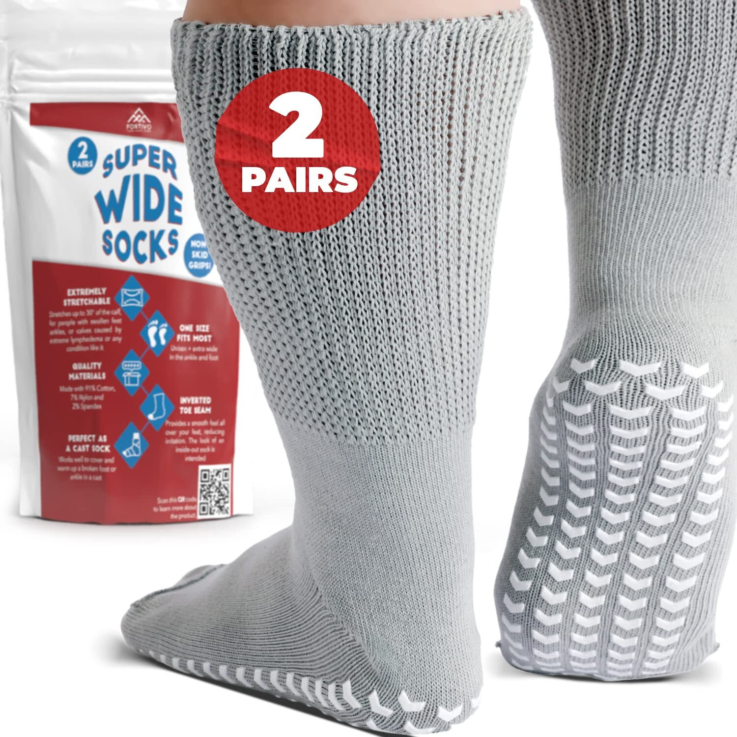 Extra Wide Socks For Swollen Feet Women, Diabetic Socks For Women 9-11, Hospital Socks With Grips For Women, Non Slip Socks Womens, Non Skid Socks For Seniors, Cast Socks Over Cast - 2 Pairs Gray