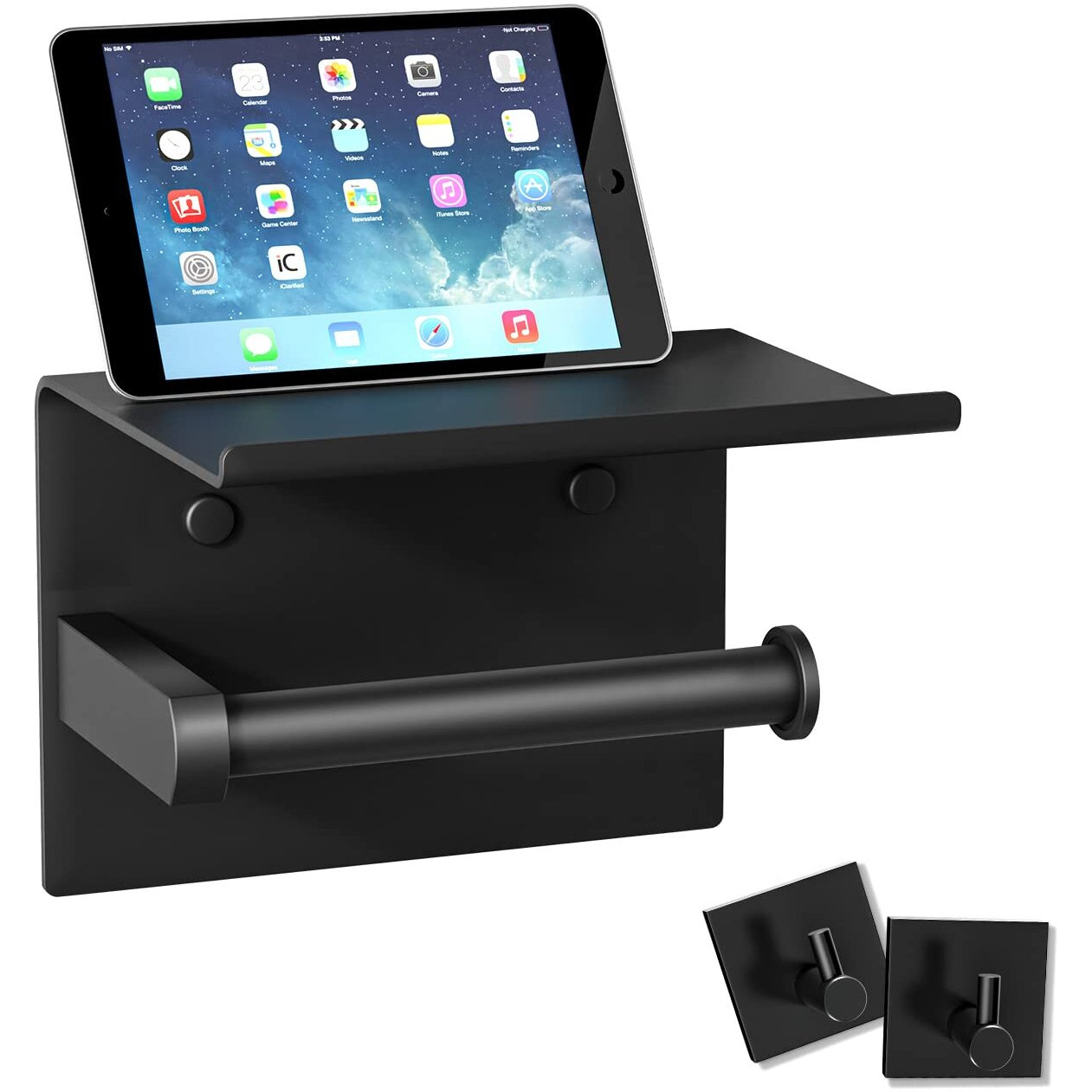 Tindbea Mega Size Toilet Paper Holder With Shelf + Towel Robe Hooks, Adhesive Or Screw Wall Mounted Toilet Paper Roll Holder, Stainless Steel Bathroom Hardware Set (Matte Black)