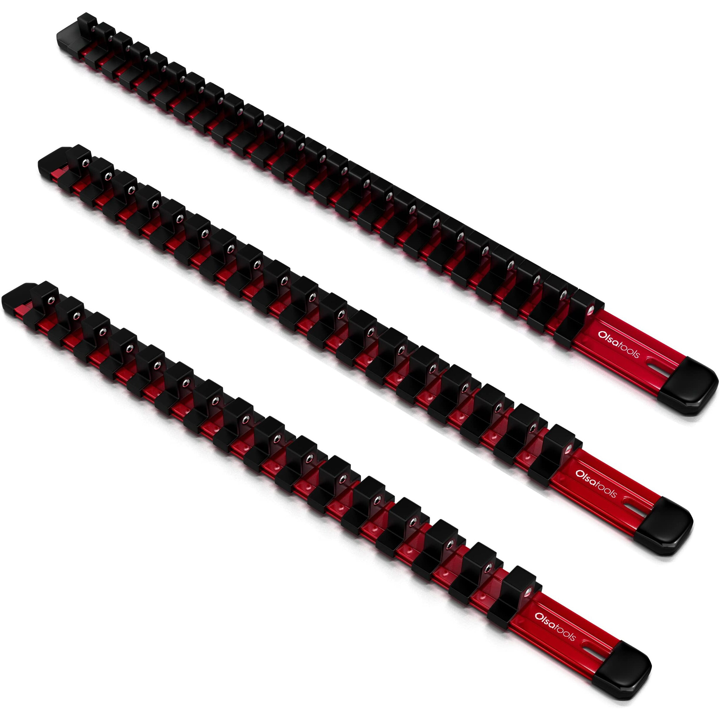 3Pc Set Socket Holder Rails 1/2-Inch, 3/8-Inch & 1/4-Inch Drive Aluminum Socket Organizer  Professional Quality Socket Holder Red  Olsa Tools Part 1009