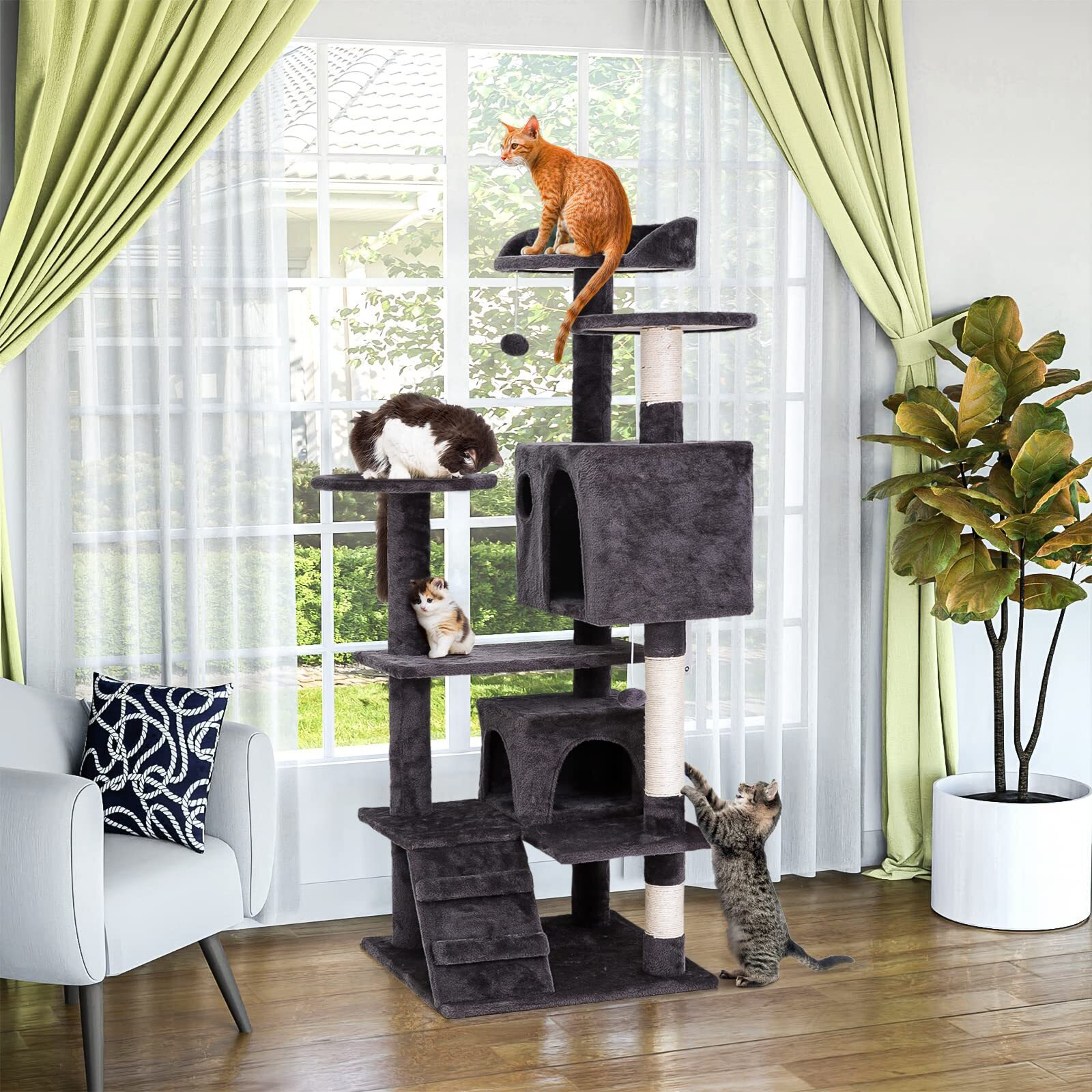 54-Inch Cat Tree With Sisal-Covered Scratching Posts, Sturdy Standing Cat Tower For Indoor Kittens, Multi-Level Platforms, Perches, Condo And Hanging Ball For Cats To Play And Sleep