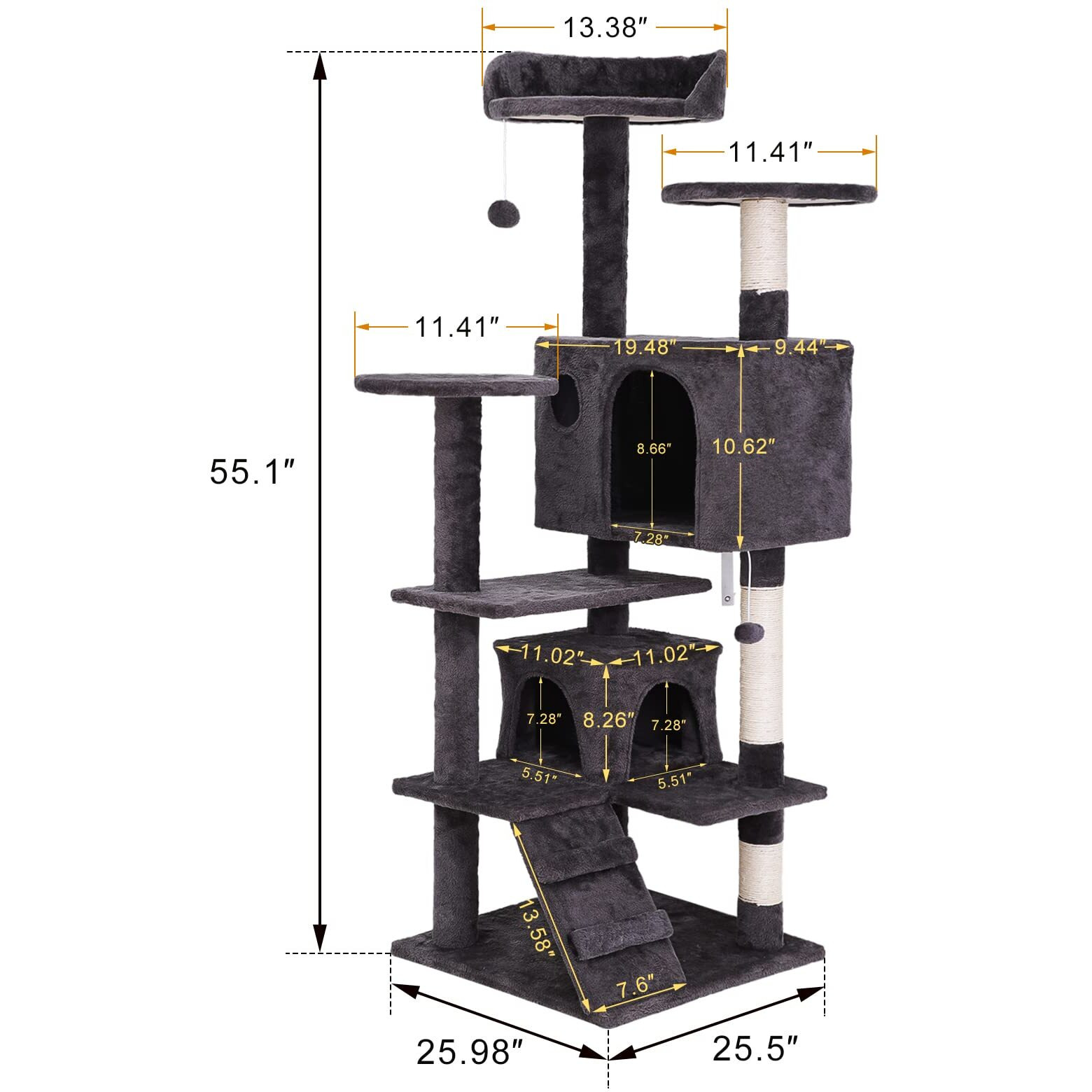 54-Inch Cat Tree With Sisal-Covered Scratching Posts, Sturdy Standing Cat Tower For Indoor Kittens, Multi-Level Platforms, Perches, Condo And Hanging Ball For Cats To Play And Sleep