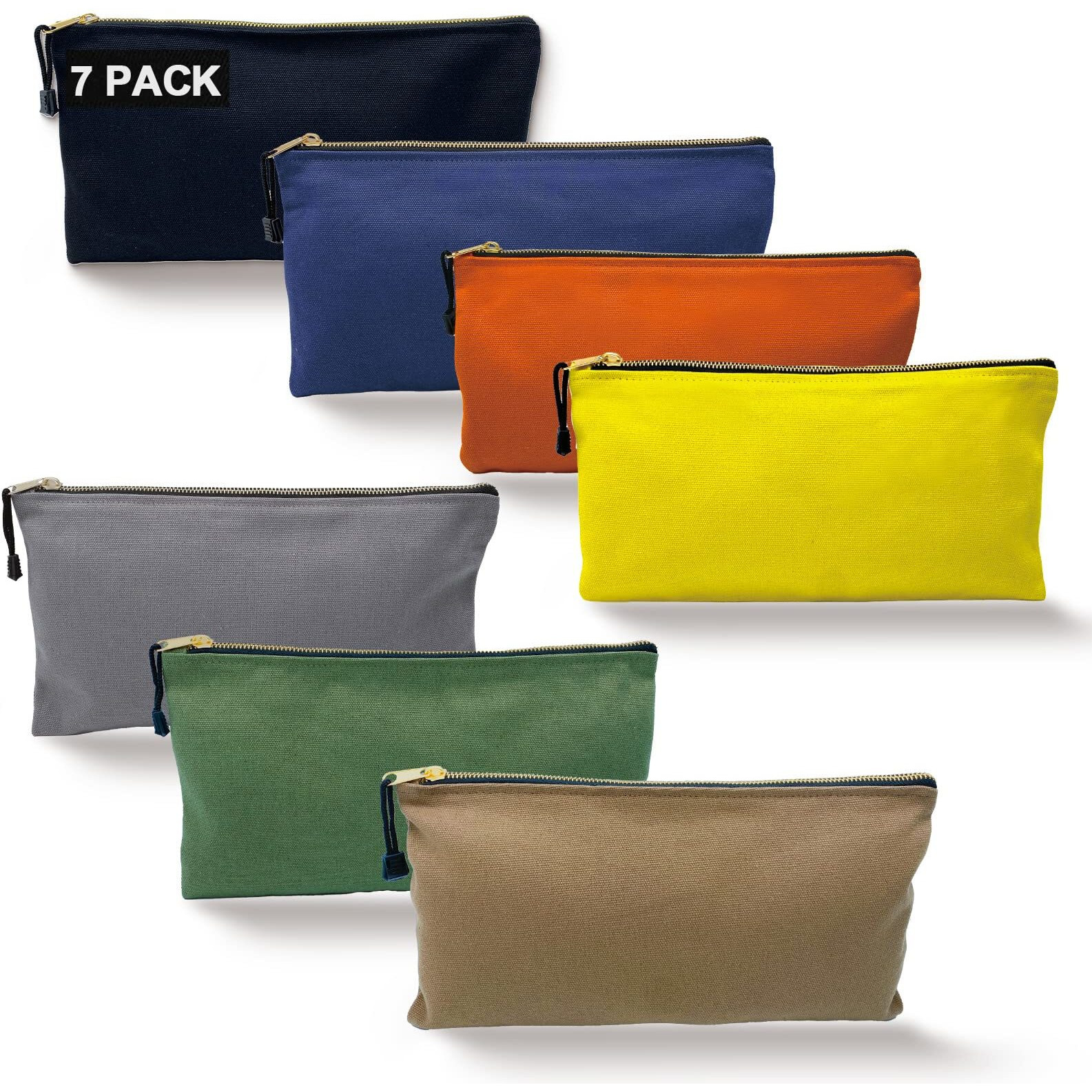 7 Pack Canvas Tool Bag Zipper Pouch - Heavy Duty 16 Oz. Canvas Tools Utility Pouches, Multipurpose Storage Organizer Tote Bags With Dependable Metal Zippers, 12.5 X 7-Inch