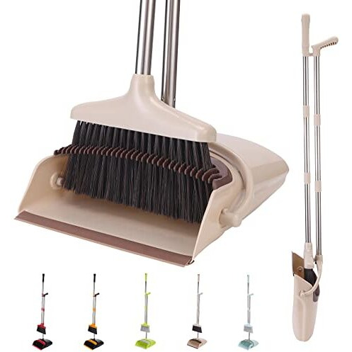 Xxflower Broom And Dustpan Set With Long Handle, Light Weight Stainless Steel Poles Stand Upright Dustpans With Broom Combo For Home Kitchen Office Pet Dog Hair, Brown & Beige Color, 1-Pack