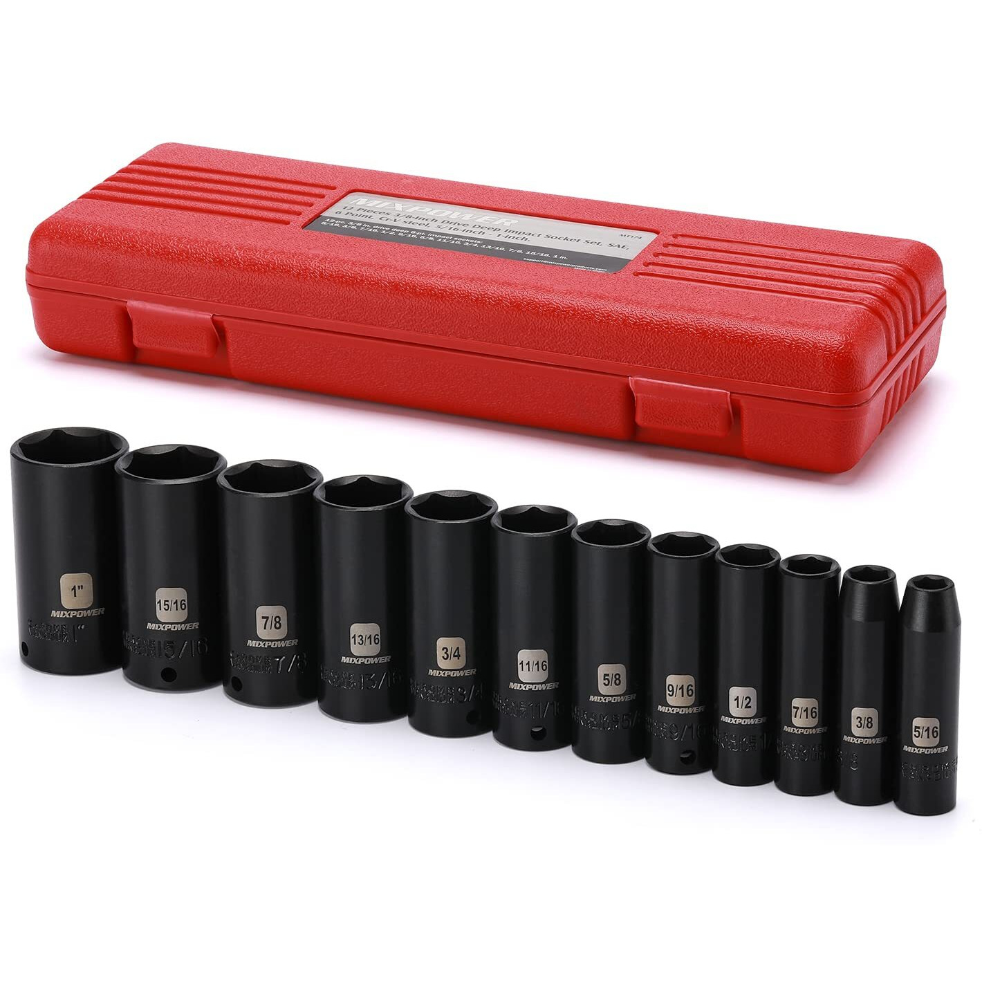 Mixpower 12 Pieces 3/8-Inch Drive Deep Impact Socket Set, 5/16 To 1 Inch, Cr-V, Sae, 6 Point, Deep, 12 Pieces 3/8"" Dr. Socket