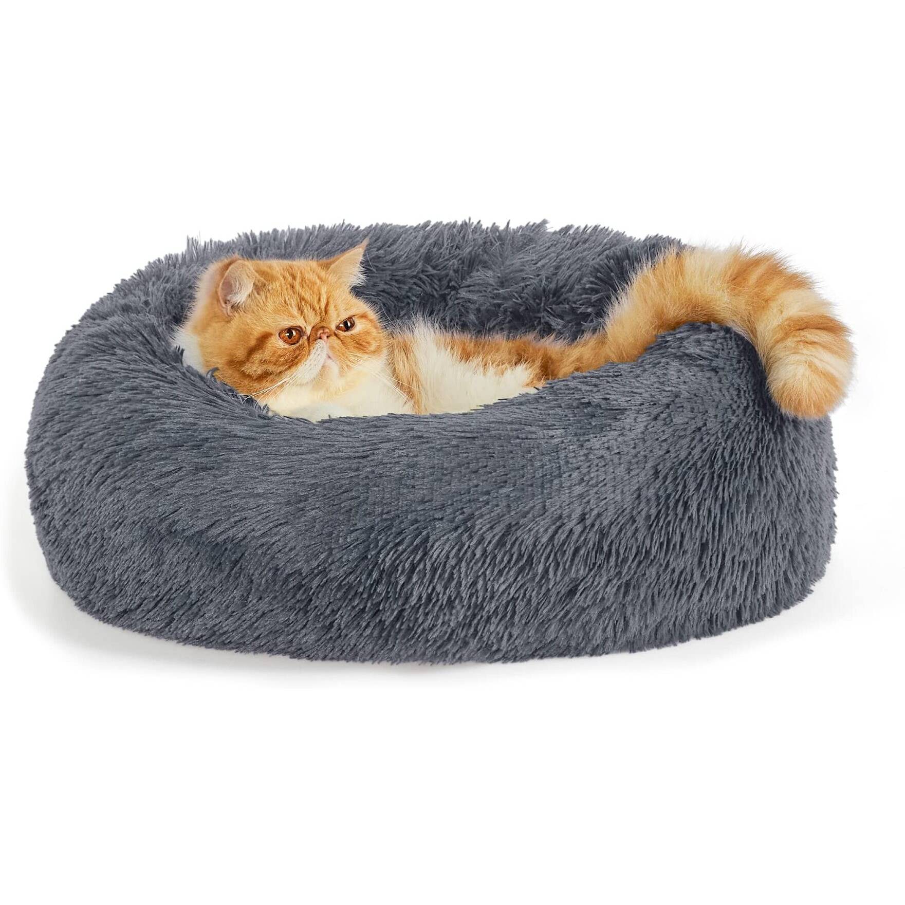Bedsure Calming Cat Beds For Indoor Cats - Small Cat Bed Washable 20 Inches, Anti-Slip Round Fluffy Plush Faux Fur Pet Bed, Fits Up To 15 Lbs Pets, Dark Grey