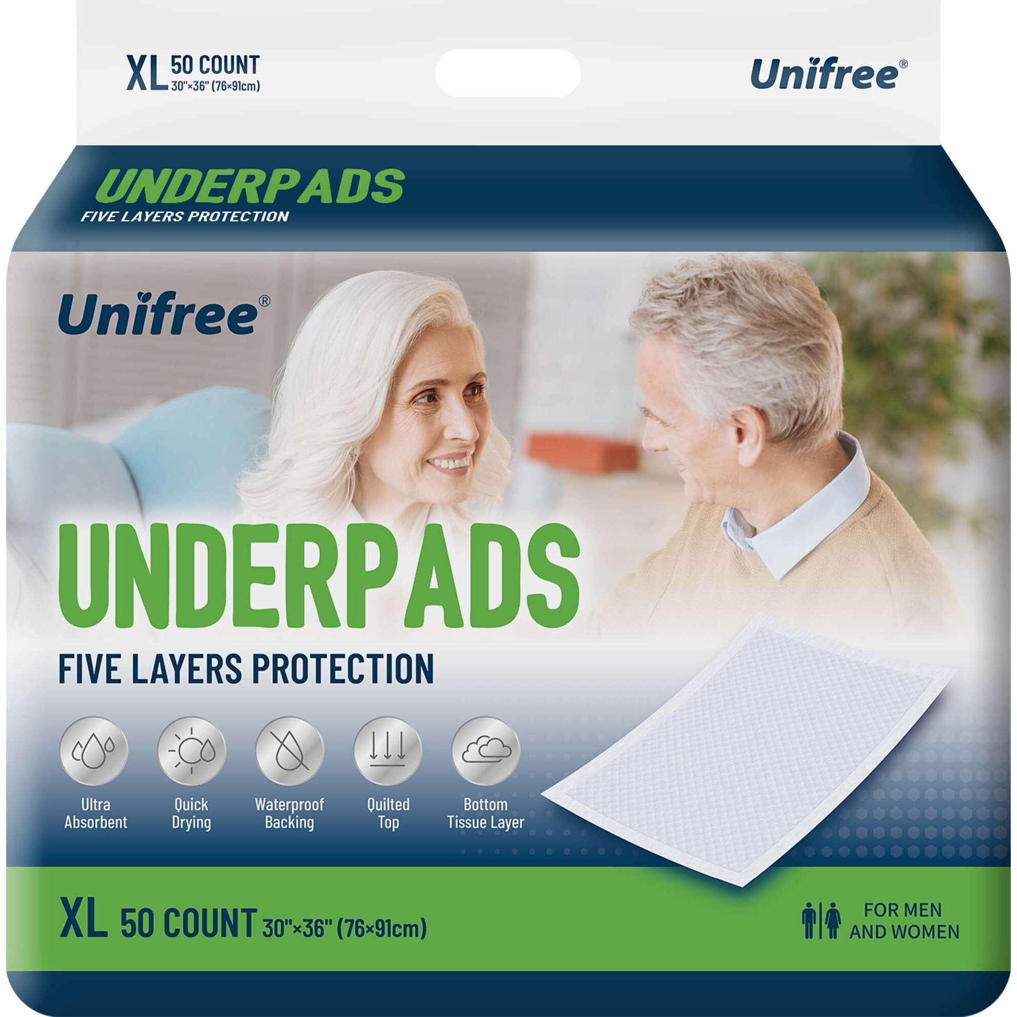 Unifree Disposable Underpads, Bed Pads, Incontinence Pad, Super Absorbent, 50 Count, Blue (Xl 30X36 Inch)