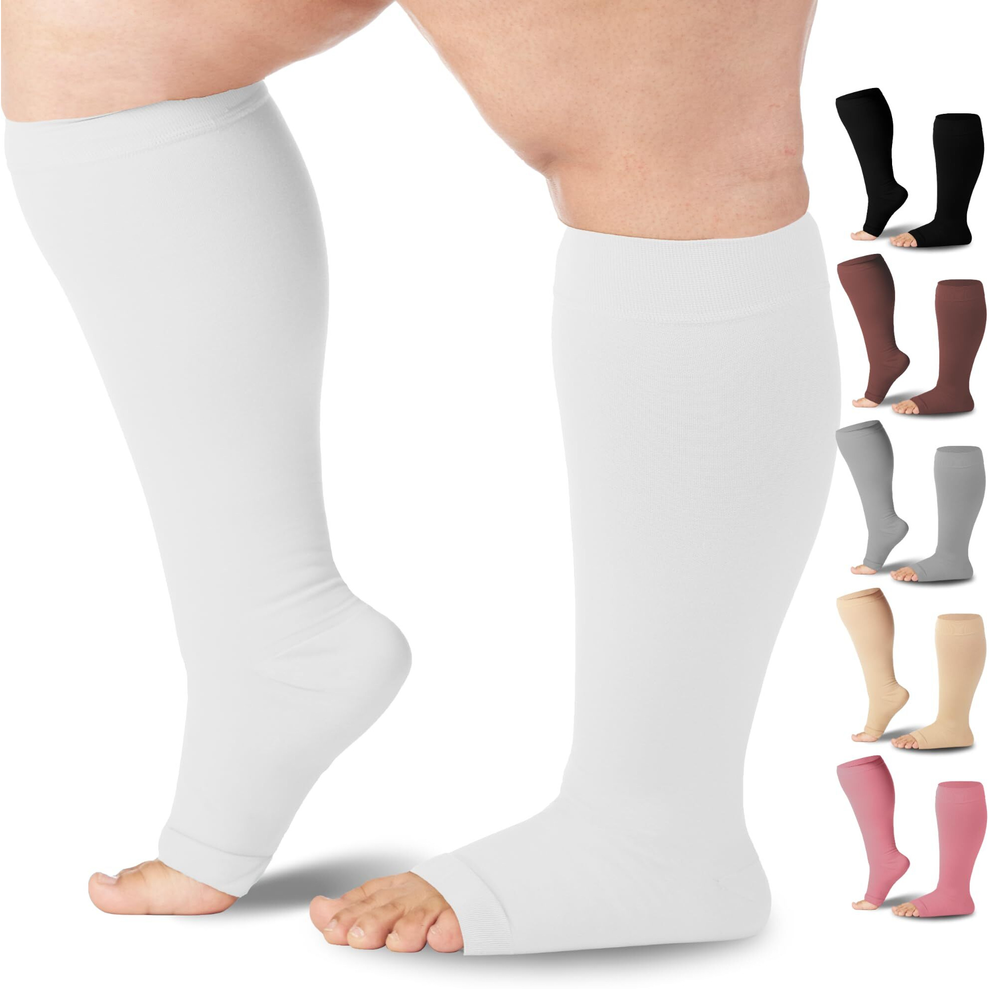 Mojo Compression Socks For Varicose Veins, Spider Veins, Lymphedema, Dvt, Swelling, And Cvi  20-30Mmhg Knee-High Support Stockings  Open Toe  White 3X-Large - 1 Pair