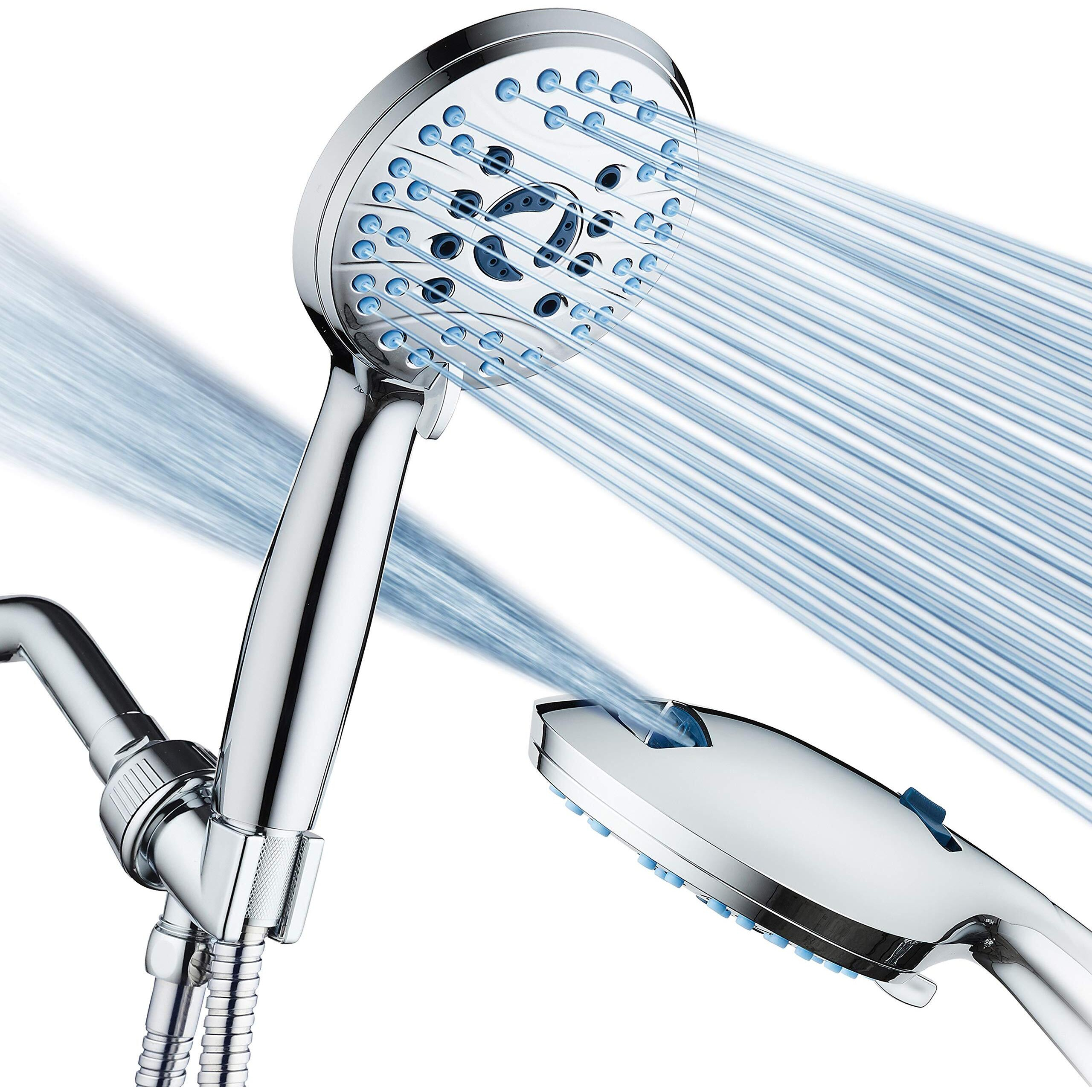 Aquacare High Pressure 8-Mode Handheld Shower Head - Anti-Clog Nozzles, Built-In Power Wash To Clean Tub, Tile & Pets, Extra Long 6 Ft. Stainless Steel Hose, Wall & Overhead Brackets - 1.8 Gpm