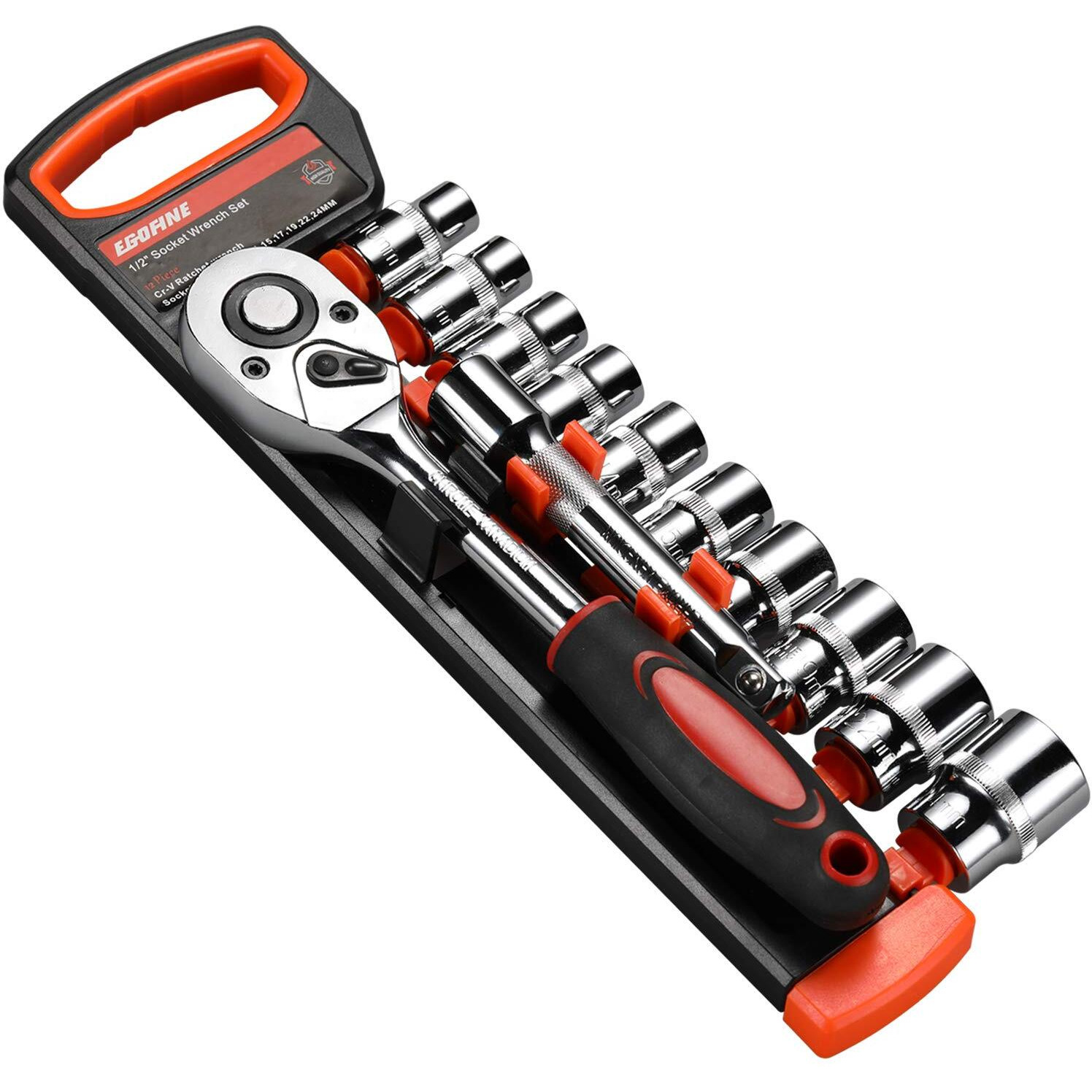 Egofine 12Pcs 1/2 Inch Ratchet Socket Wrench Set, Drive Socket Set With 10 Sockets 10-15,17,19,22,24Mm And 2 Way Quick Released Ratchet Handle And Extension Bar