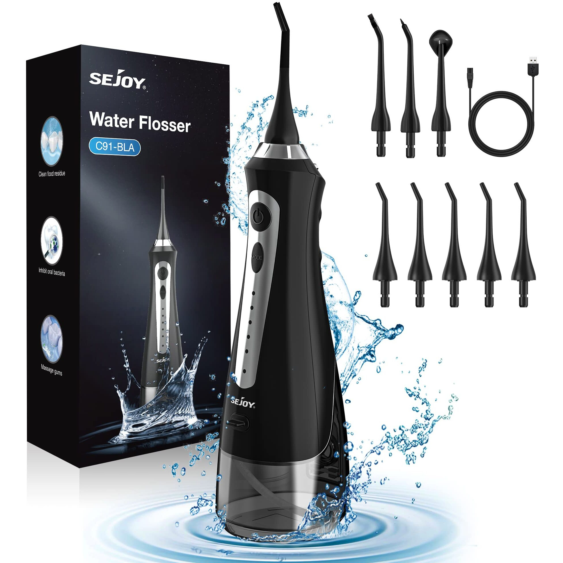 Sejoy Water Flossers For Teeth, Water Flosser Cordless Rechargeable, Water Flosser For Braces For Kids Travel, For Teeth Cleaning, 5 Cleaning Modes 8 Jet Tips, Ipx7 Waterproof, 230Ml