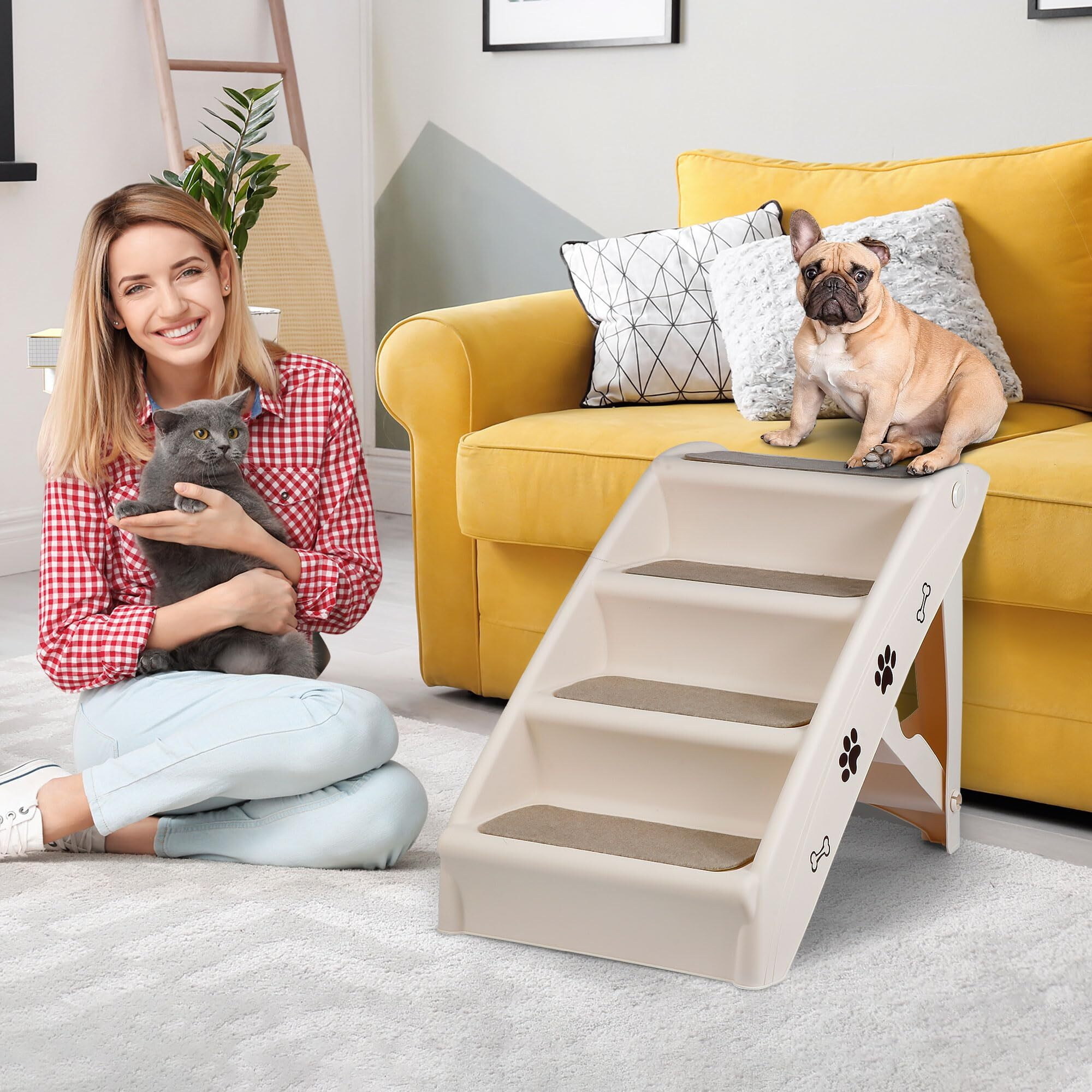 Pet Dog Stairs Foldable Nonslip Dog Steps For Small Pet Dogs Cats At Home And Vehicle Ramp Ladder For High Beds Sofa (Tan)