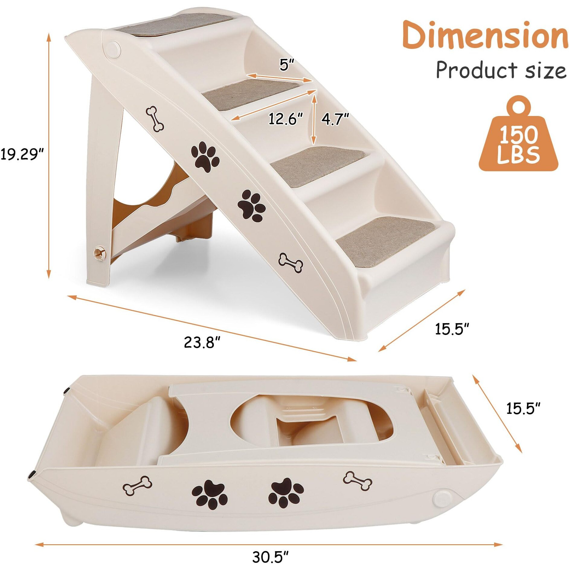 Pet Dog Stairs Foldable Nonslip Dog Steps For Small Pet Dogs Cats At Home And Vehicle Ramp Ladder For High Beds Sofa (Tan)