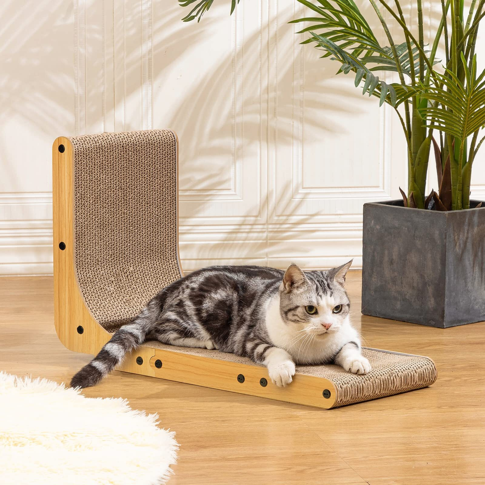 Poils Bebe L Shape Cat Scratcher, 26.8 Inch Cat Scratchers For Indoor Cats, Protecting Furniture Cat Scratch Pad, Cardboard Cat Scratching With Ball Toy, Catnip, Large
