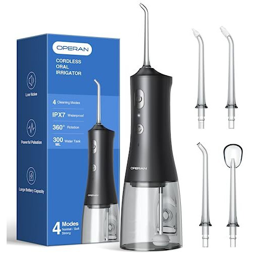 Water Flossers For Teeth Cleaning Operan Upgraded 300Ml Cordless Portable Rechargeable Oral Irrigator With 4 Modes 4 Jet Tips Ipx7 Waterproof Water Dental Flosser For Home Travel (Black)