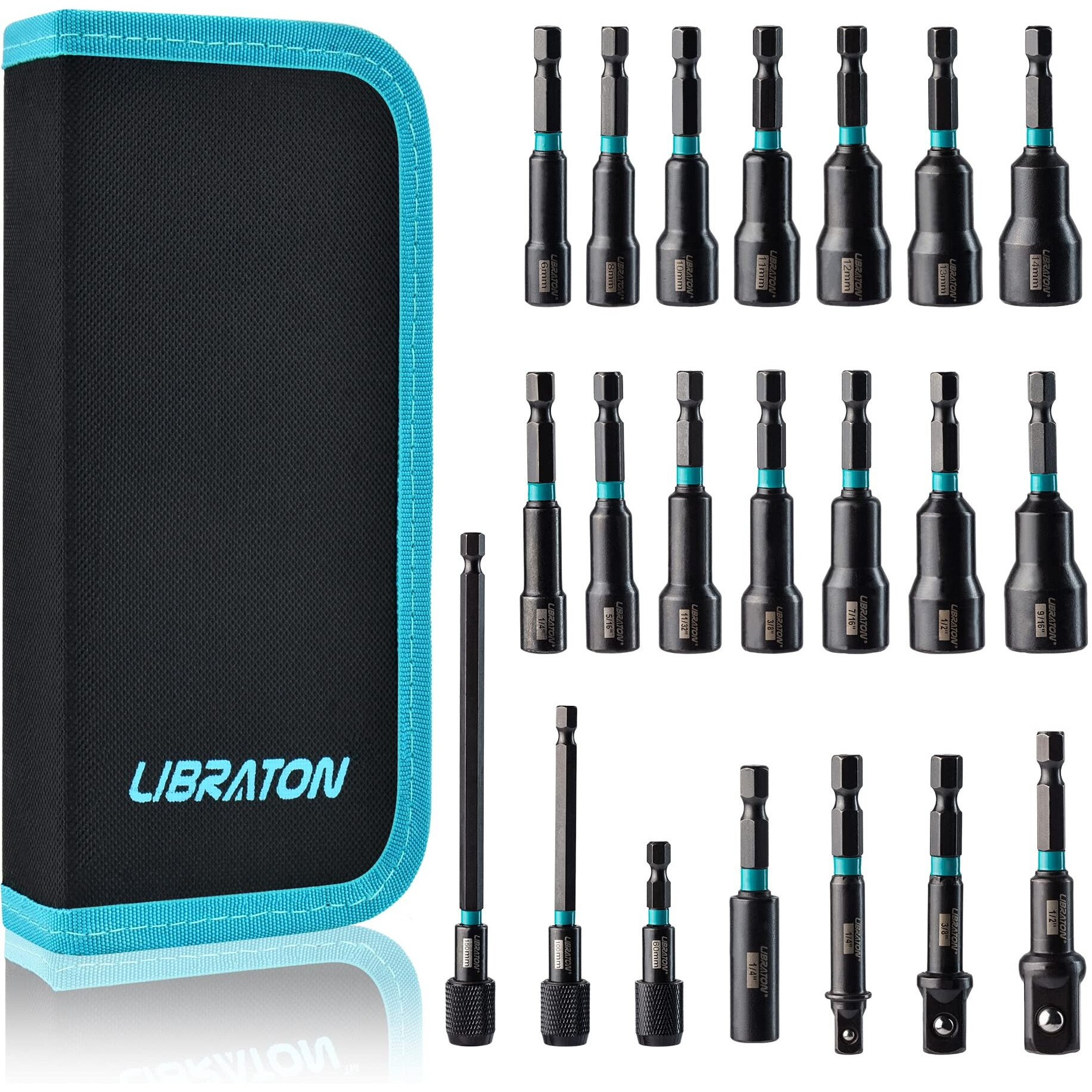 Libraton Magnetic Impact Drill Driver Bit Set 1/4"", Metric And Sae Nut Driver, Impact Socket Adapters, Bit Holder, Quick-Release Extensions With Storage Bag, 21Pcs