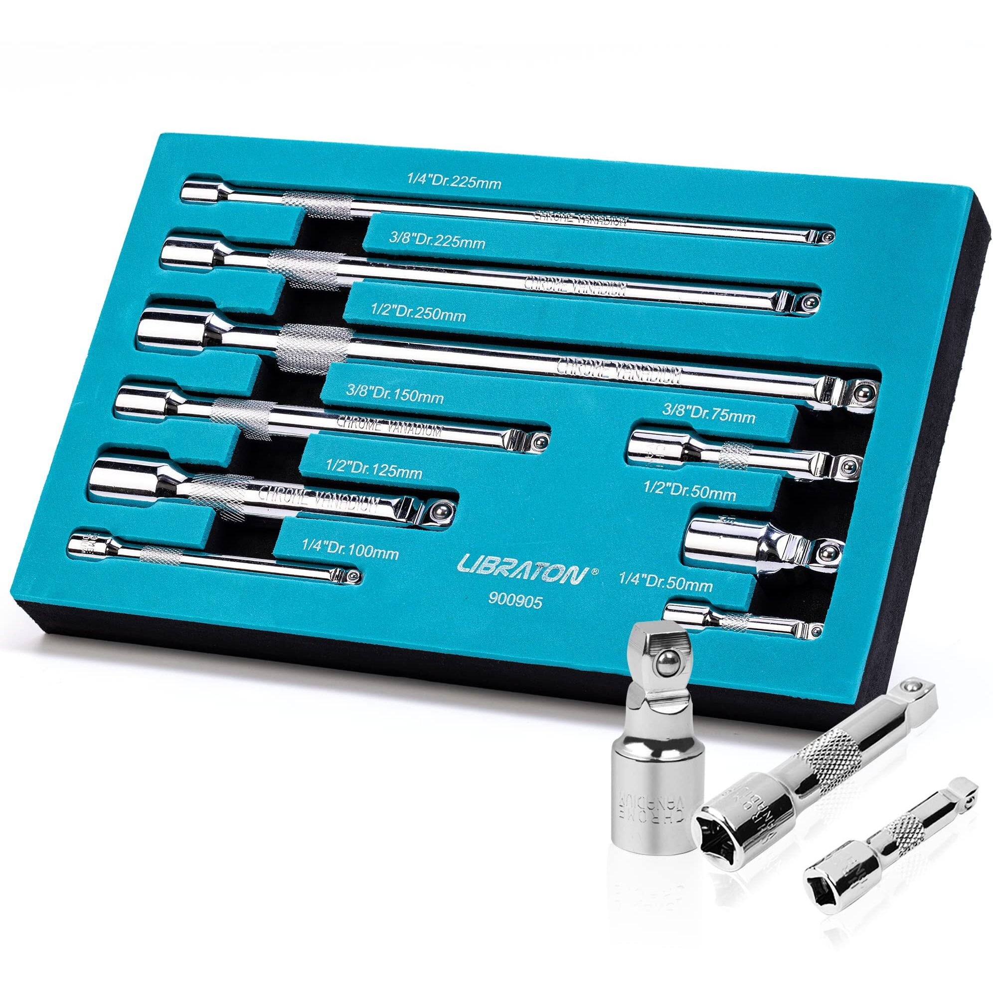 Libraton Wobble Extension Set 1/4'' 3/8'' 1/2'', Wobble Socket Extension, Extension Set, Wobble Socket Extension Set, Drive Socket Extension Bars 9Pcs (Cr-V) With Chrome Plated In Eva Storage Tray