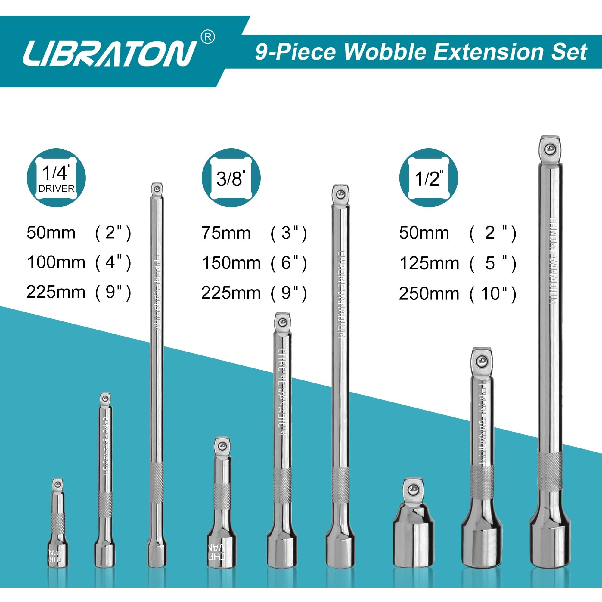 Libraton Wobble Extension Set 1/4'' 3/8'' 1/2'', Wobble Socket Extension, Extension Set, Wobble Socket Extension Set, Drive Socket Extension Bars 9Pcs (Cr-V) With Chrome Plated In Eva Storage Tray
