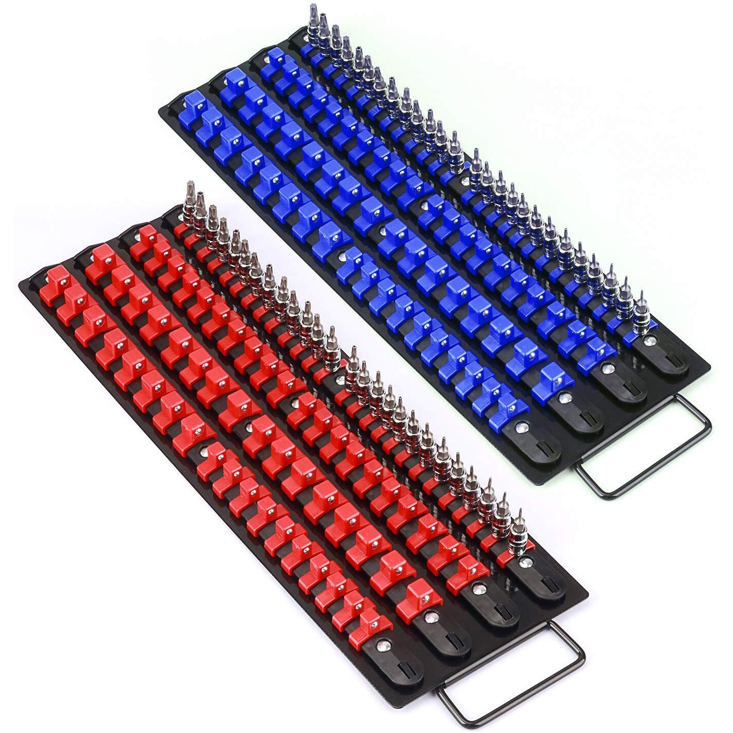 Mayouko 80-Piece Portable Socket Organizer Tray, 2 Pcs Set, Blue & Red, Tools Organizer 1/4-Inch, 3/8-Inch, 1/2-Inch, Heavy Duty Socket Holder, Black Rails, Blue & Red Clips