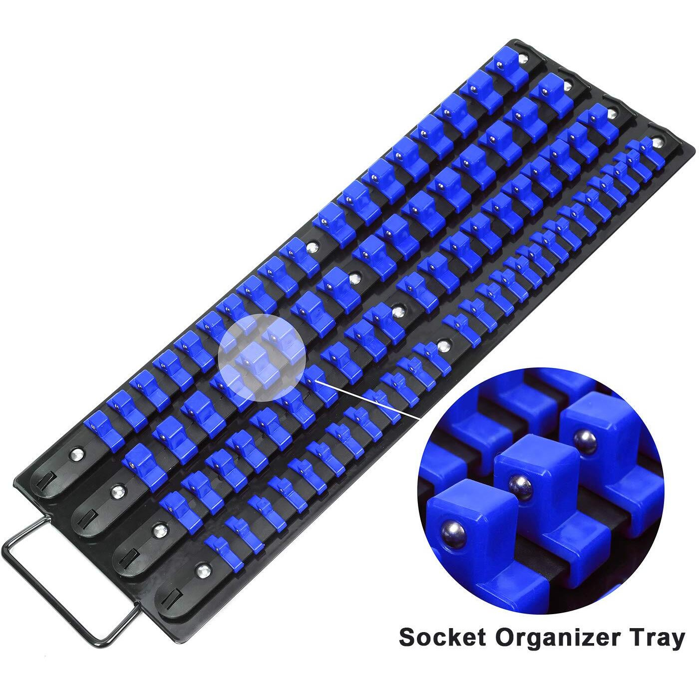 Mayouko 80-Piece Portable Socket Organizer Tray, 2 Pcs Set, Blue & Red, Tools Organizer 1/4-Inch, 3/8-Inch, 1/2-Inch, Heavy Duty Socket Holder, Black Rails, Blue & Red Clips