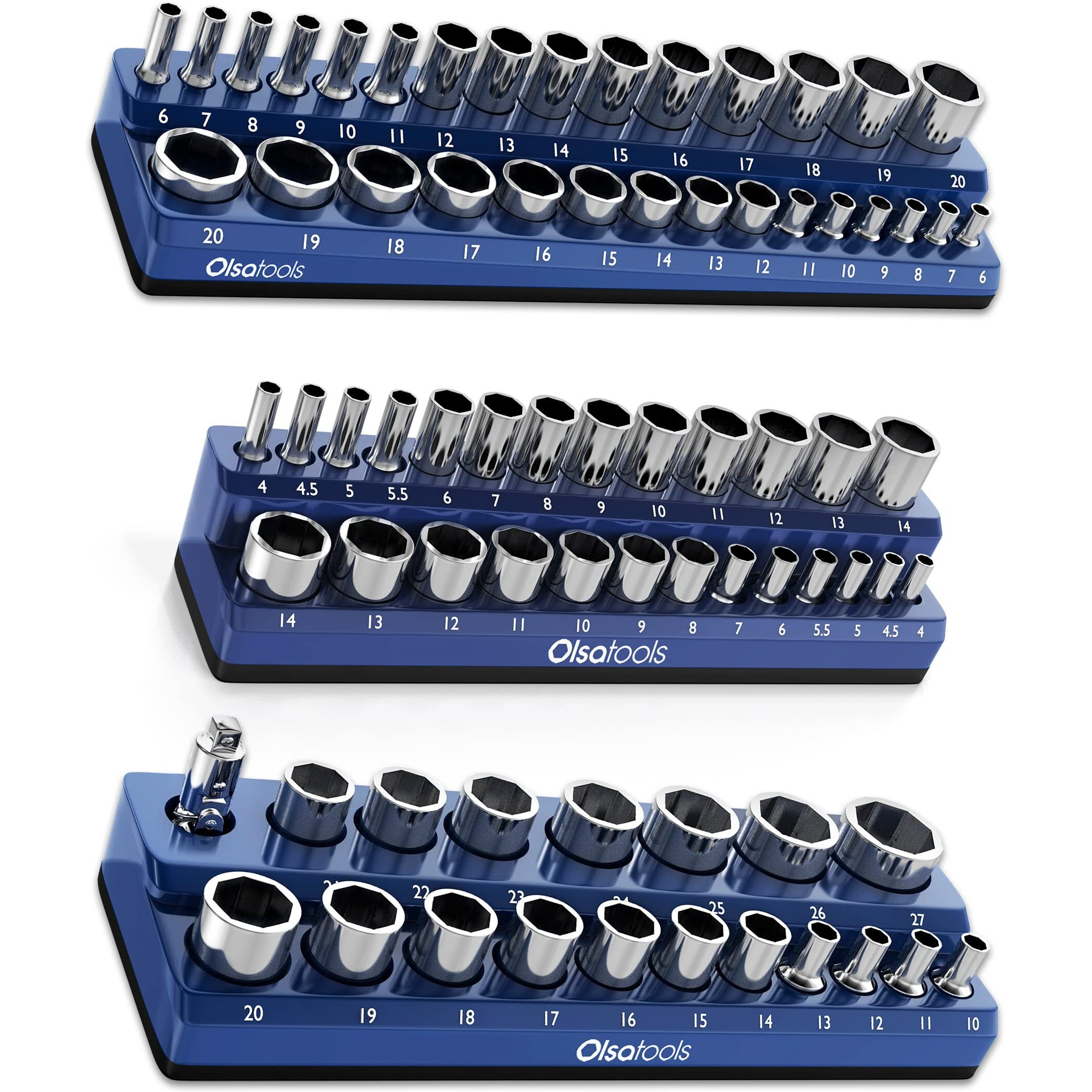 Olsa Tools Magnetic Socket Organizer  3 Piece Socket Holder Kit  1/2-Inch, 3/8-Inch, 1/4-Inch Drive  Metric Blue  Holds 75 Sockets  Professional-Grade