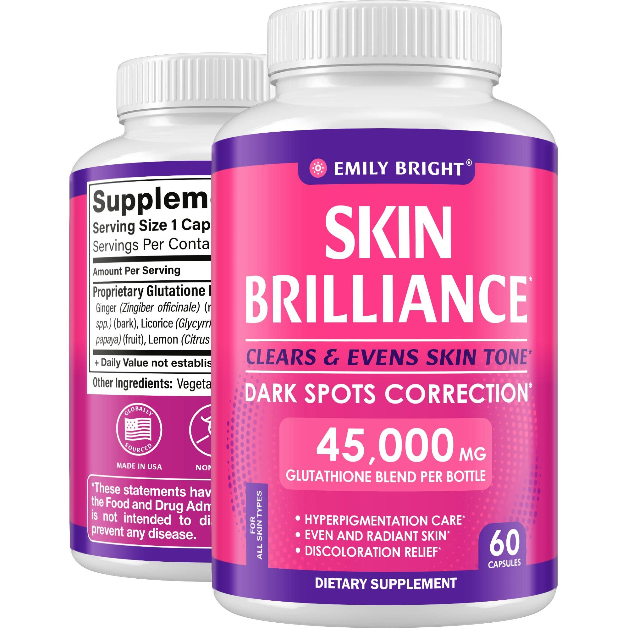 Glutathione Capsules - 45,000Mcg Glutathione Supplement - Skin Tone Enhancer - Targets Dark Spots & Acne Marks - Potent Antioxidant - 60 Caps