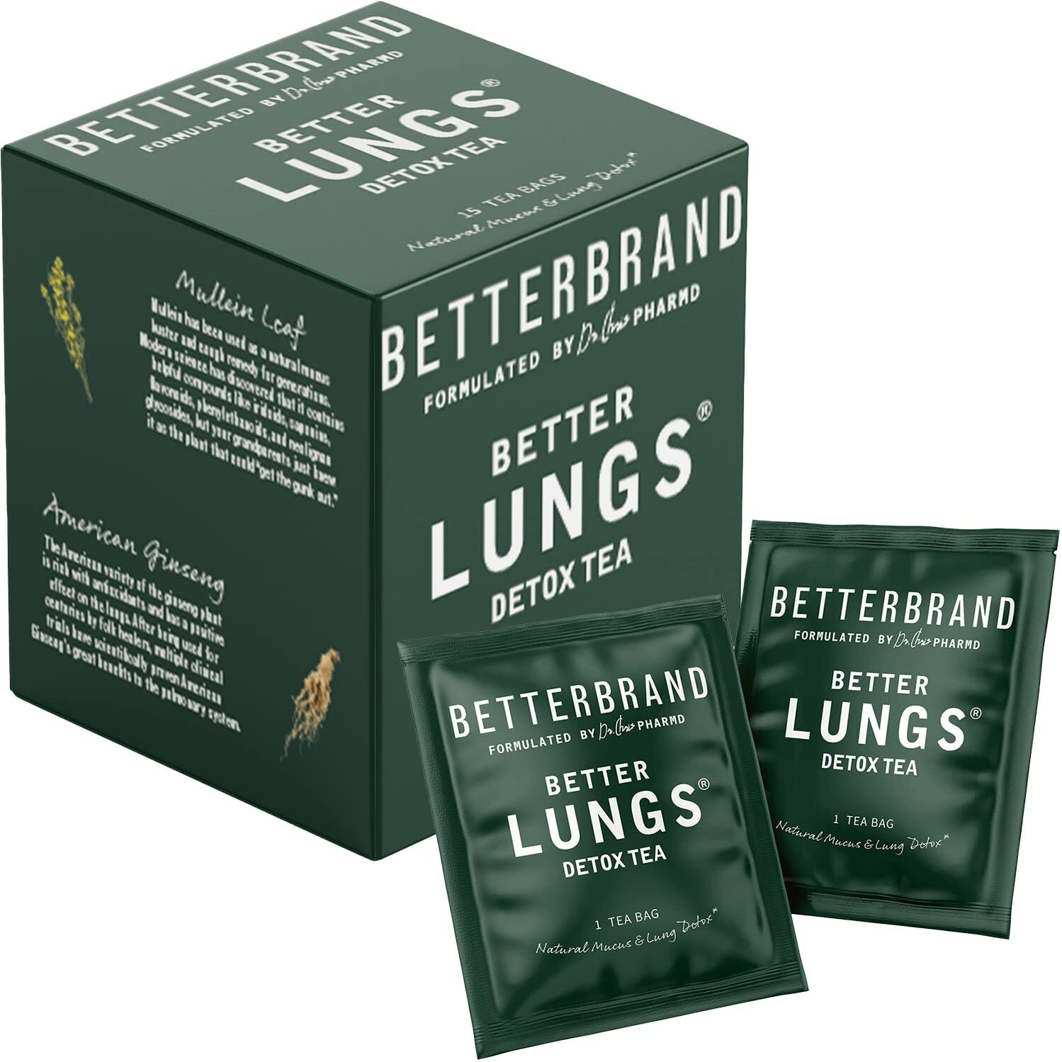 Betterbrand Betterlungs Detox Tea - 15 Herbal Tea Bags - Mullein Leaf, Ginseng, Elderberry, Ginger & Thyme For Lung Cleanse, Congestion Relief, Mucus Detox - Caffeine Free