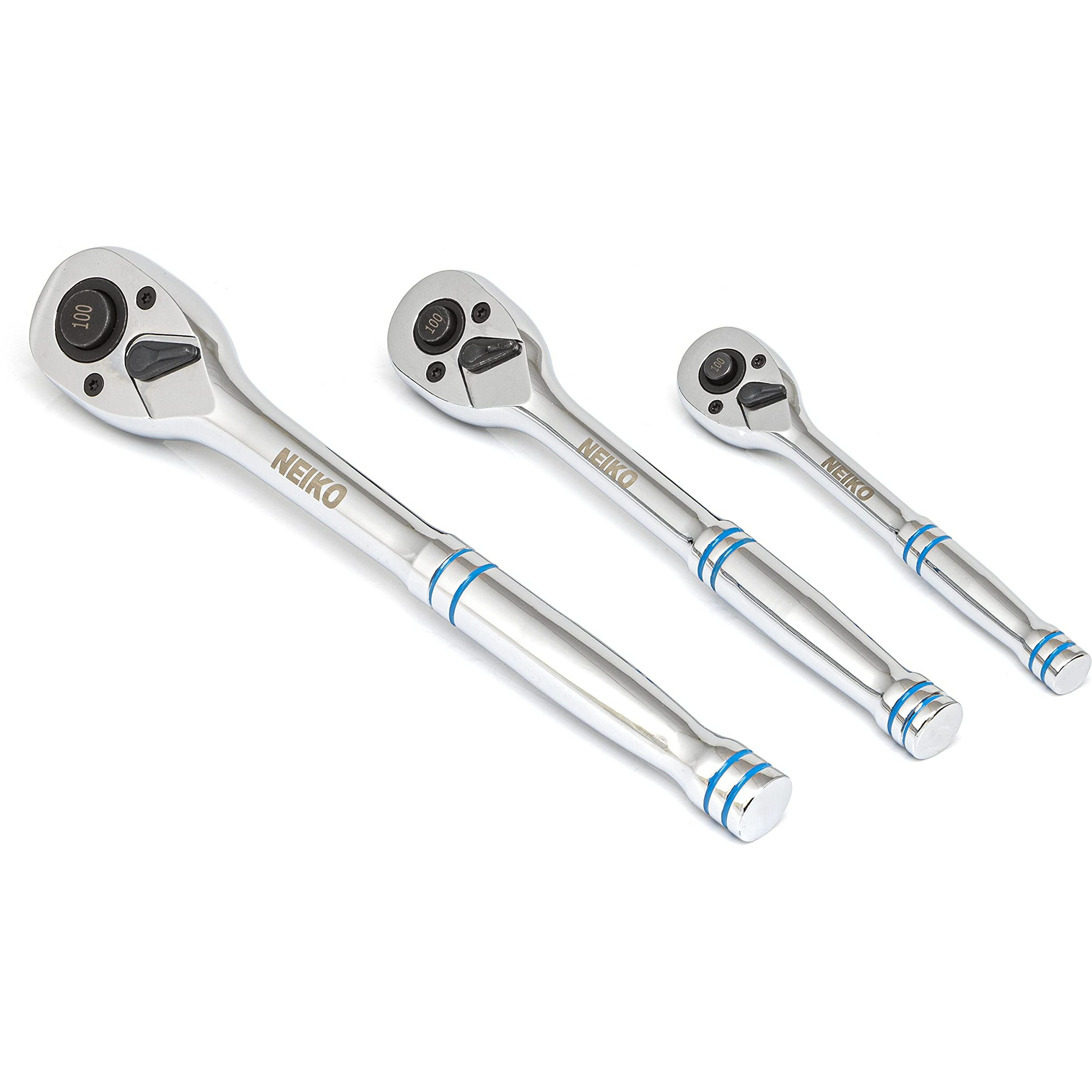 Neiko 03000A 3 Piece Quick Release Ratchets, Ratchet Wrench Set, 1/4 3/8 & 1/2"" Drive Ratchet Wrench, 3.6 Degree Swing, 100 Tooth Socket Wrench, Cr-Mo Gear W/ Polished Cr-V Handle, Small Ratchet Set