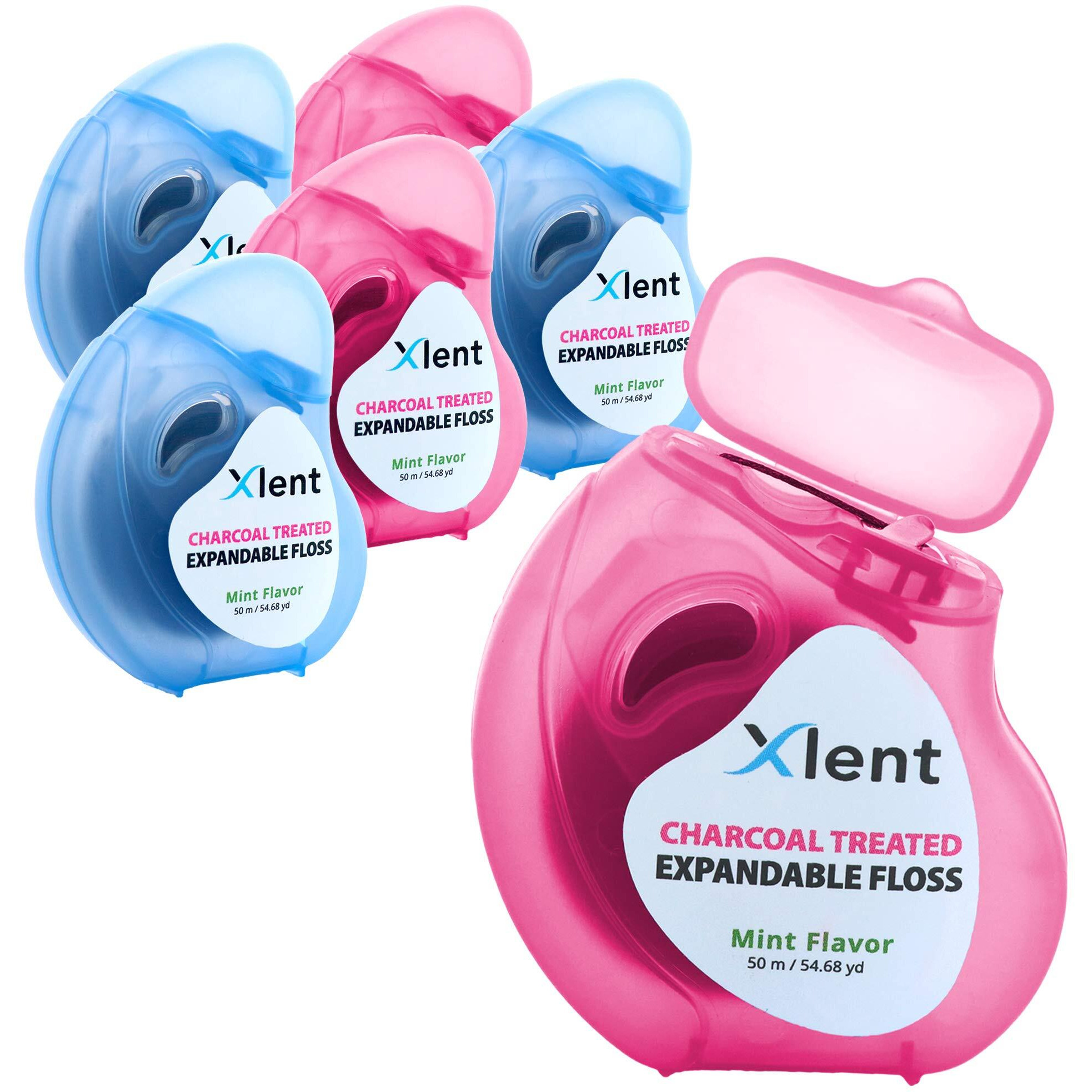 Expandable Floss Treated With Activated Charcoal With Xylitol And Natural Plant Based Wax Fresh Mint Flavor  50 Meter (6 Count)