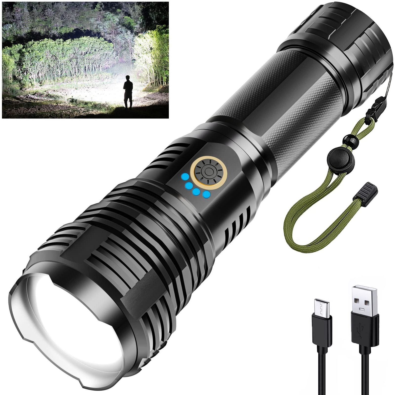 Rechargeable Flashlights 900000 High Lumens, High Power Led Flashlight, Xhp70.2 Powerful Tactical Flashlight With Zoomable, 5 Modes, Ipx7 Waterproof, Flashlight For Camping, Hiking, Emergencies