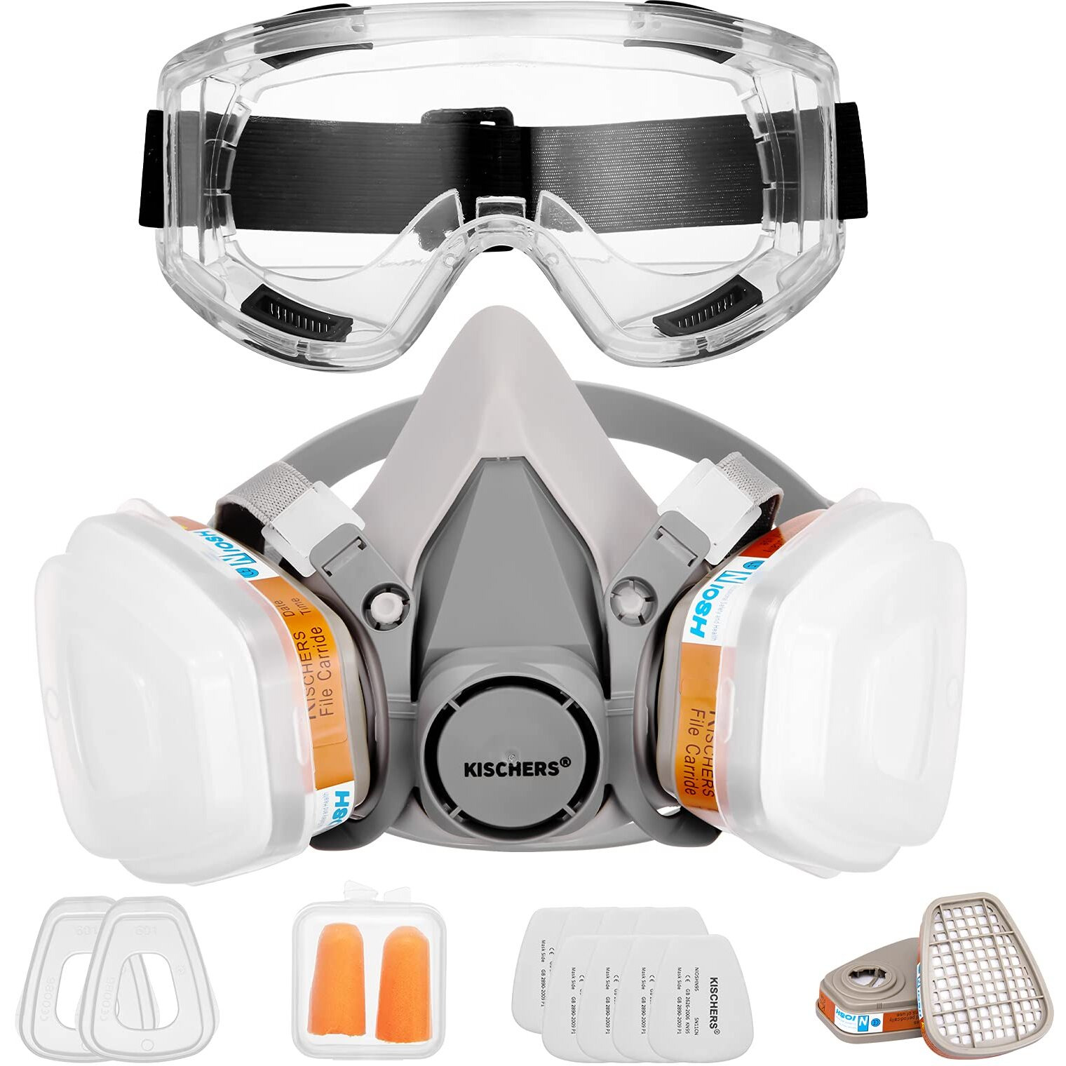 Kischers Reusable Half Facepiece And Anti-Fog Safety Goggle Set Against Dust/Organic Vapors/Smells/Fumes/Sawdust/Asbestos Suitable For Painting,Staining,Car Spraying,Sanding &Cutting