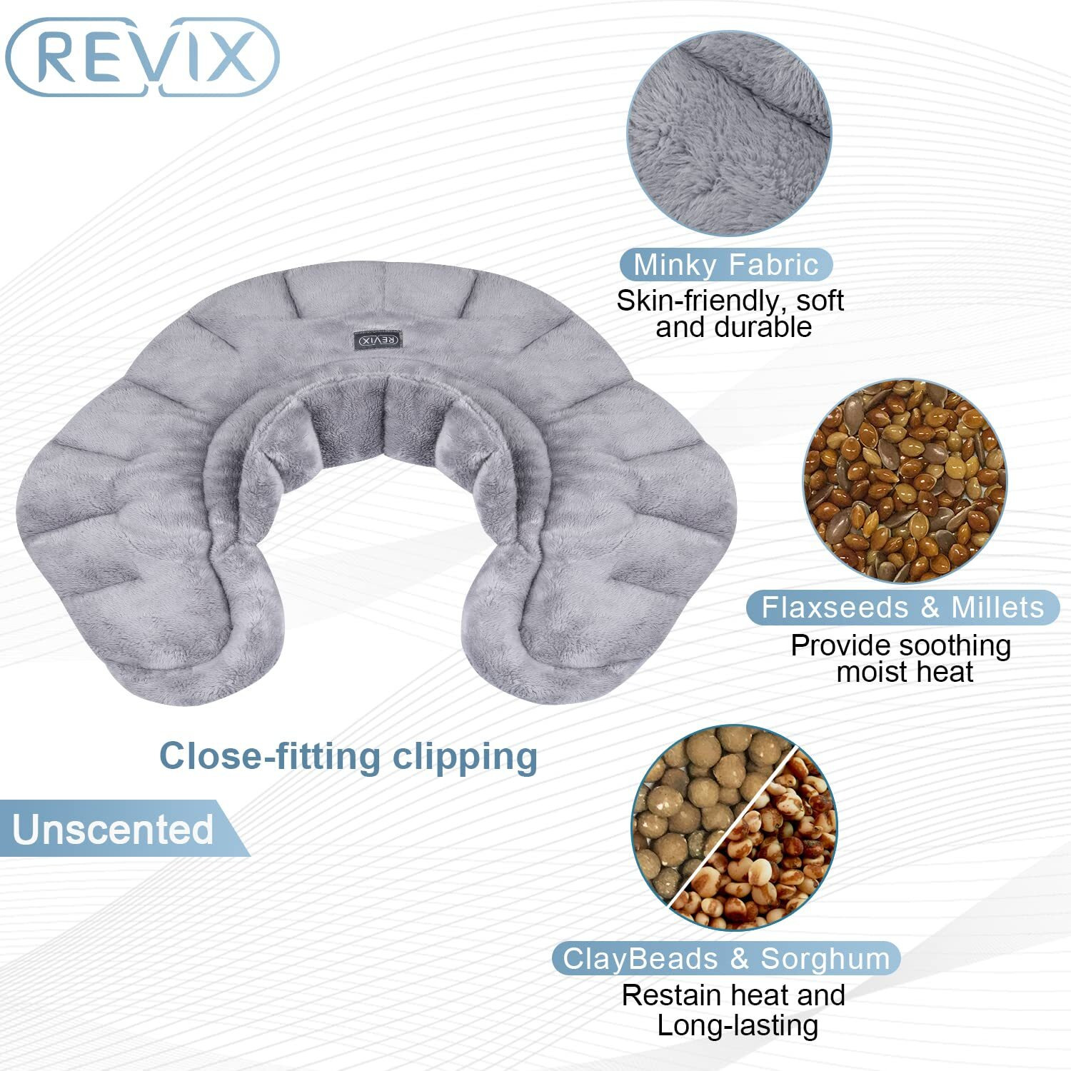 Revix Microwavable Heating Pad For Neck Shoulders And Back, Microwave Heated Neck Wrap With Moist Heat, Weighted Neck Warmer, Light-Gray