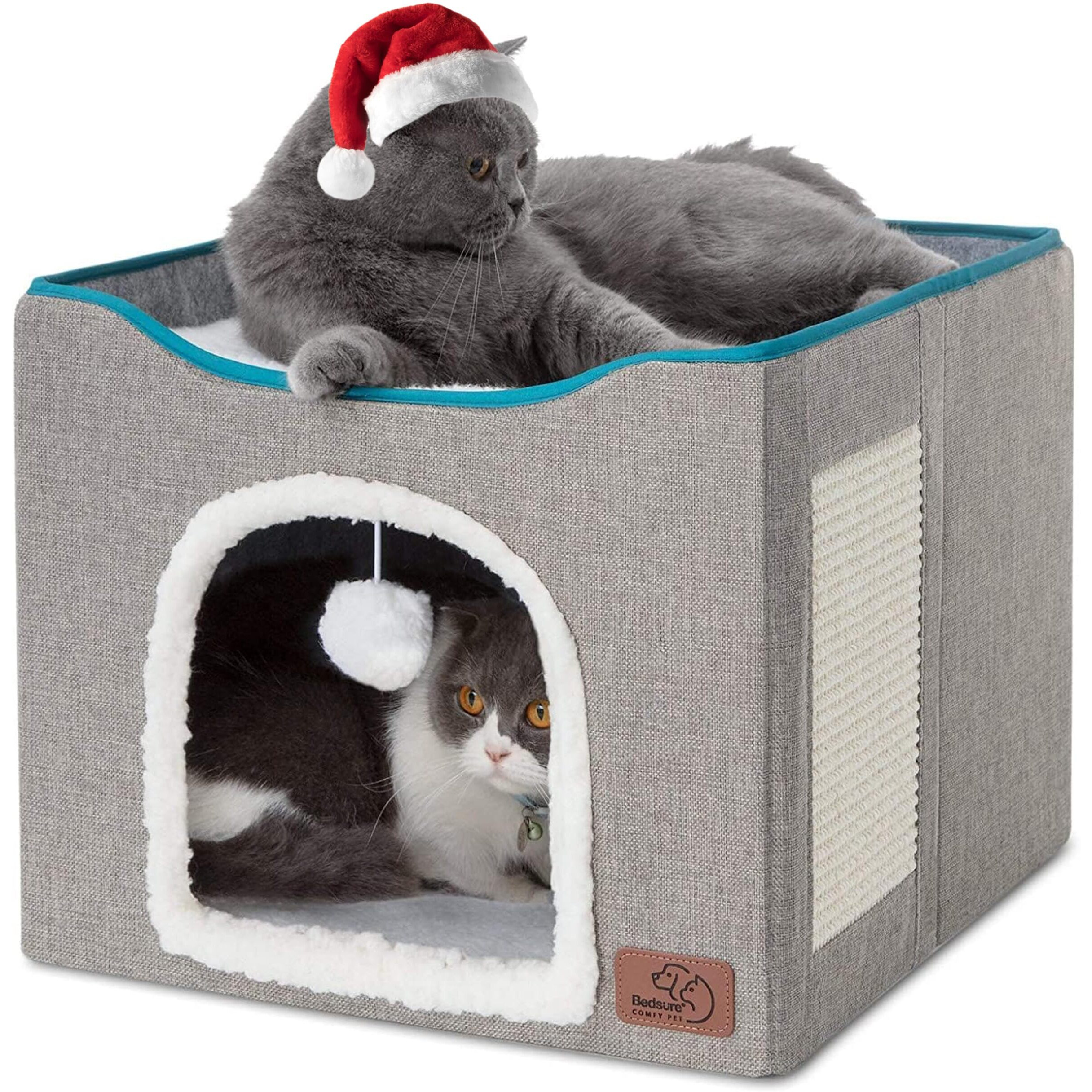 Bedsure Cat Beds For Indoor Cats - Large Cat Cave For Pet Cat House With Fluffy Ball Hanging And Scratch Pad, Foldable Cat Hideaway,16.5X16.5X13 Inches, Grey
