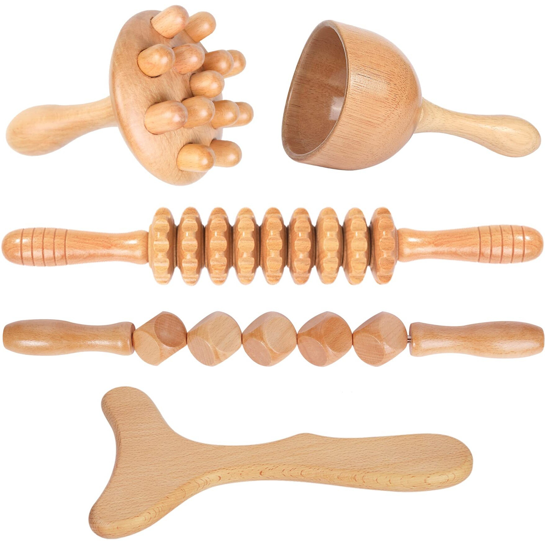 Komogir Wood Therapy Massage Tools 5-In-1 Lymphatic Drainage Massager Maderoterapia Kit Wooden Massager Body Sculpting Tools For Muscle Pain Relief, Anti-Cellulite, Body Contouring And Shaping