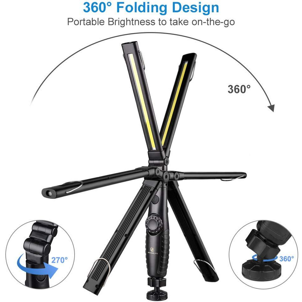 Orhomelife Rechargeable Led Work Light - 750 Lumens Foldable Led Flashlight Handheld Cordless Work Light With Magnetic Base, 360