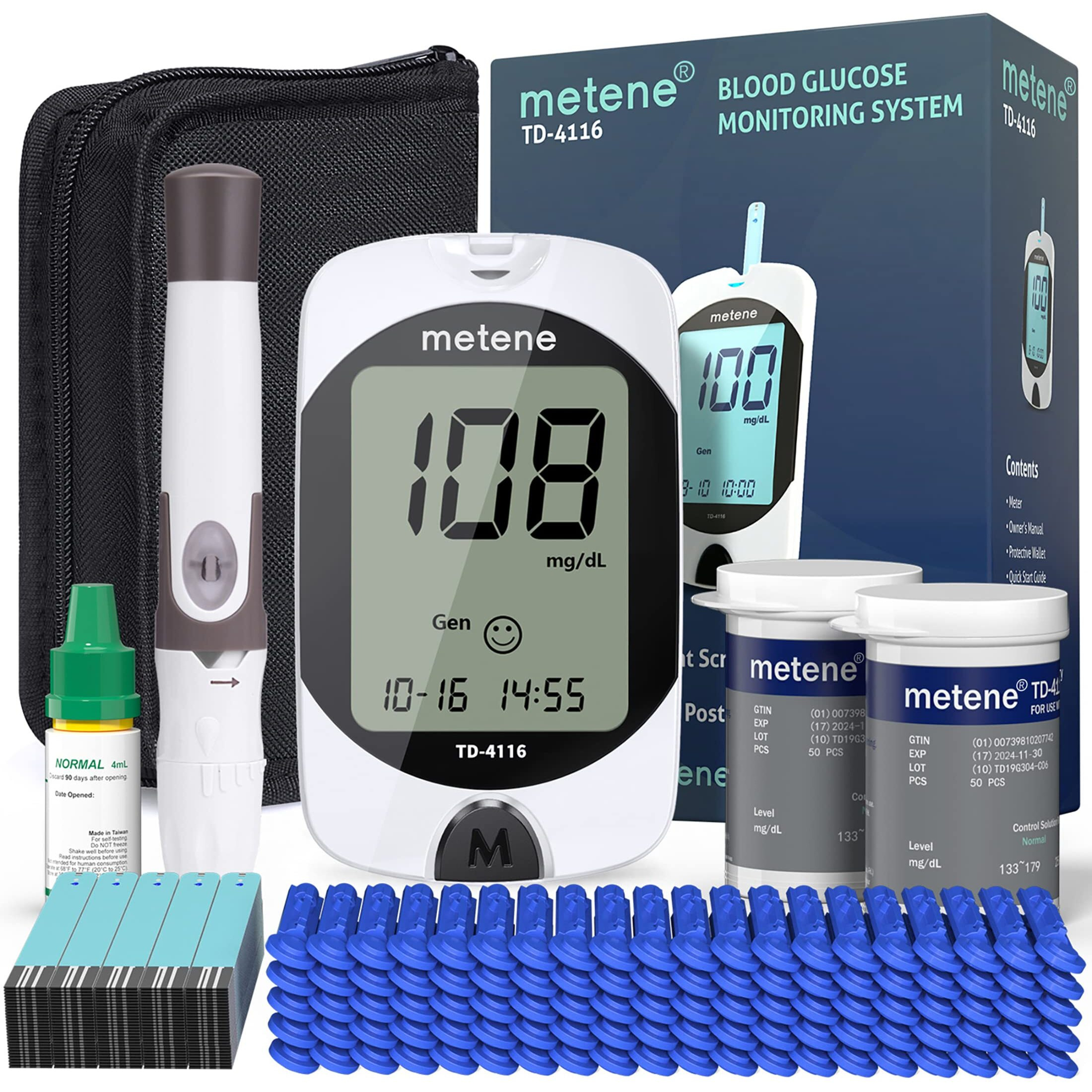 Metene Td-4116 Blood Glucose Monitor Kit, 100 Glucometer Strips, 100 Lancets, 1 Blood Sugar Monitor, Blood Sugar Test Kit With Control Solution, Lancing Device, No Coding, Large Display