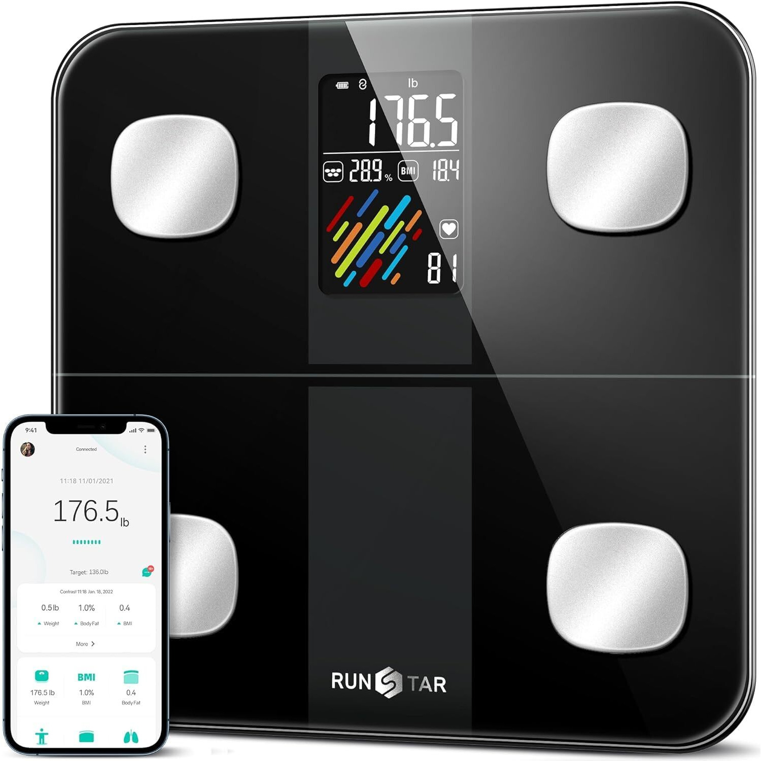 Smart Scale For Body Weight And Fat Percentage, Runstar High Accuracy Digital Bathroom Scale With Large Display For Bmi Heart Rate Fsa&Hsa Eligible 15 Body Composition Analyzer Sync With Fitness App