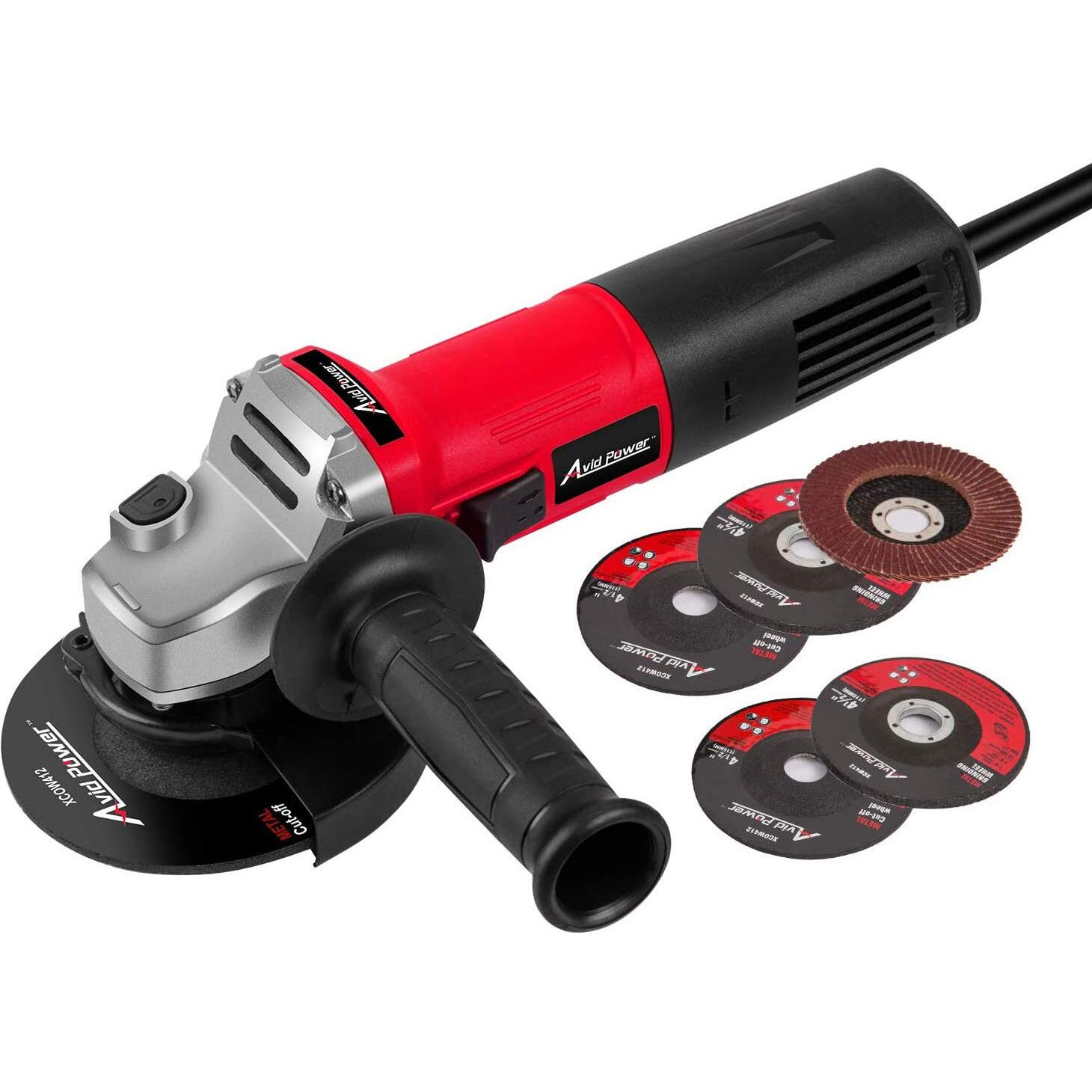 Avid Power Angle Grinder, 7.5-Amp 4-1/2 Inch Electric Grinder Power Tools With Grinding And Cutting Wheels, Flap Disc And Auxiliary Handle For Cutting, Grinding, Polishing And Rust Removal - Red