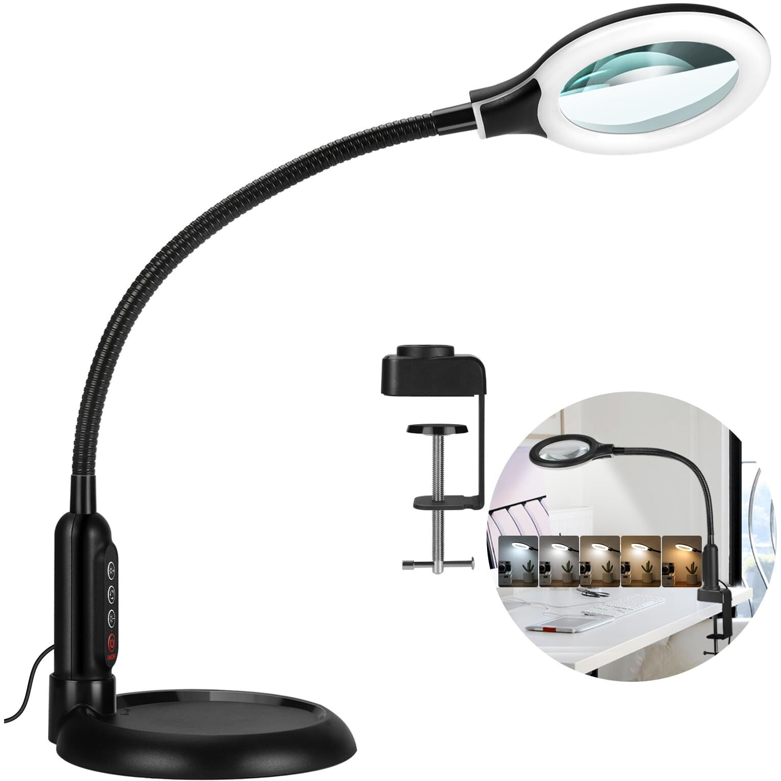 Tomsoo 5X Magnifying Glass With Light And Clamp, 5 Color Modes Stepless Dimmable Lighted Magnifier With Stand, Flexible Gooseneck Led Desk Lamp Hands Free For Craft Reading Painting Hobby Close Work
