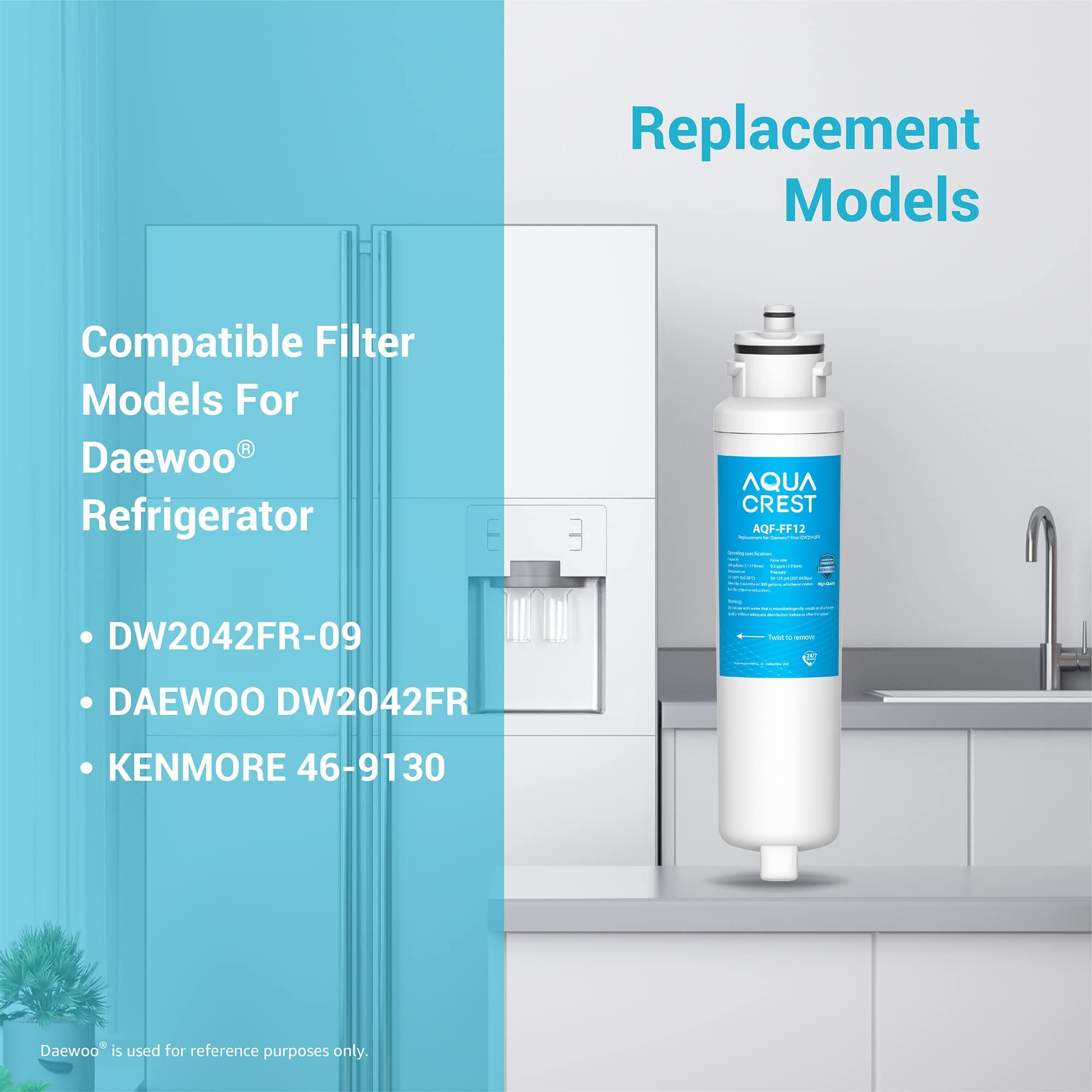 Aqua Crest Dw2042Fr-09 Refrigerator Water Filter, Replacement For Daewoo Dw2042Fr, Kenmore 46-9130, Dw2042Fr-09, Aqua Crystal Dw2042F-09, Frn-Y22D2V, Frn-Y22D2W, 3 Pack