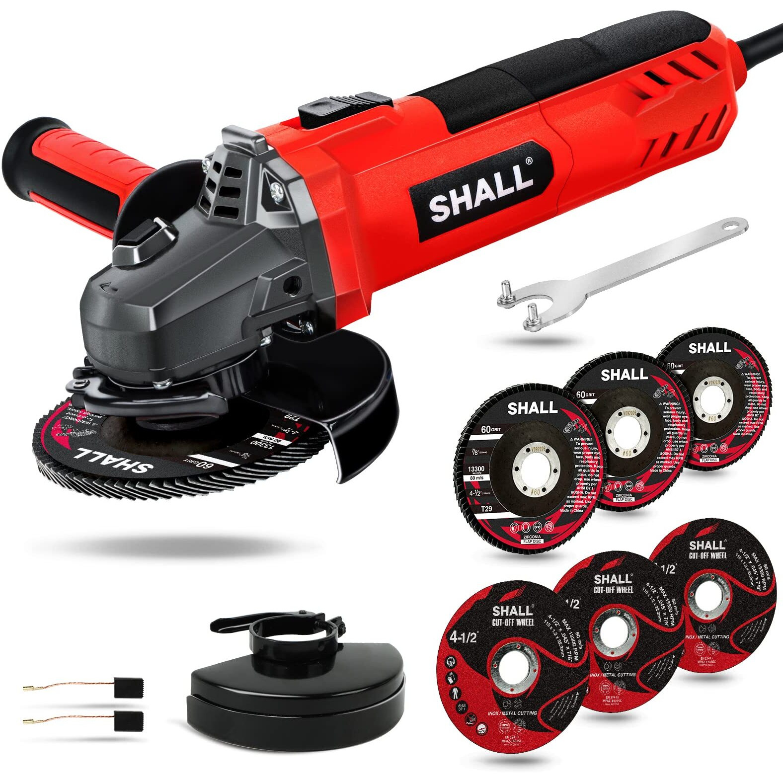 Shall Angle Grinder Tool 7.5Amp 4-1/2 Inch Grinders Power Tools, Electric Metal Grinder 12000 Rpm With 2 Safety Guards, 3 Cutting Wheels, 3 Flap Discs, Non-Slip Handle And Carbon Brush For Metal, Wood