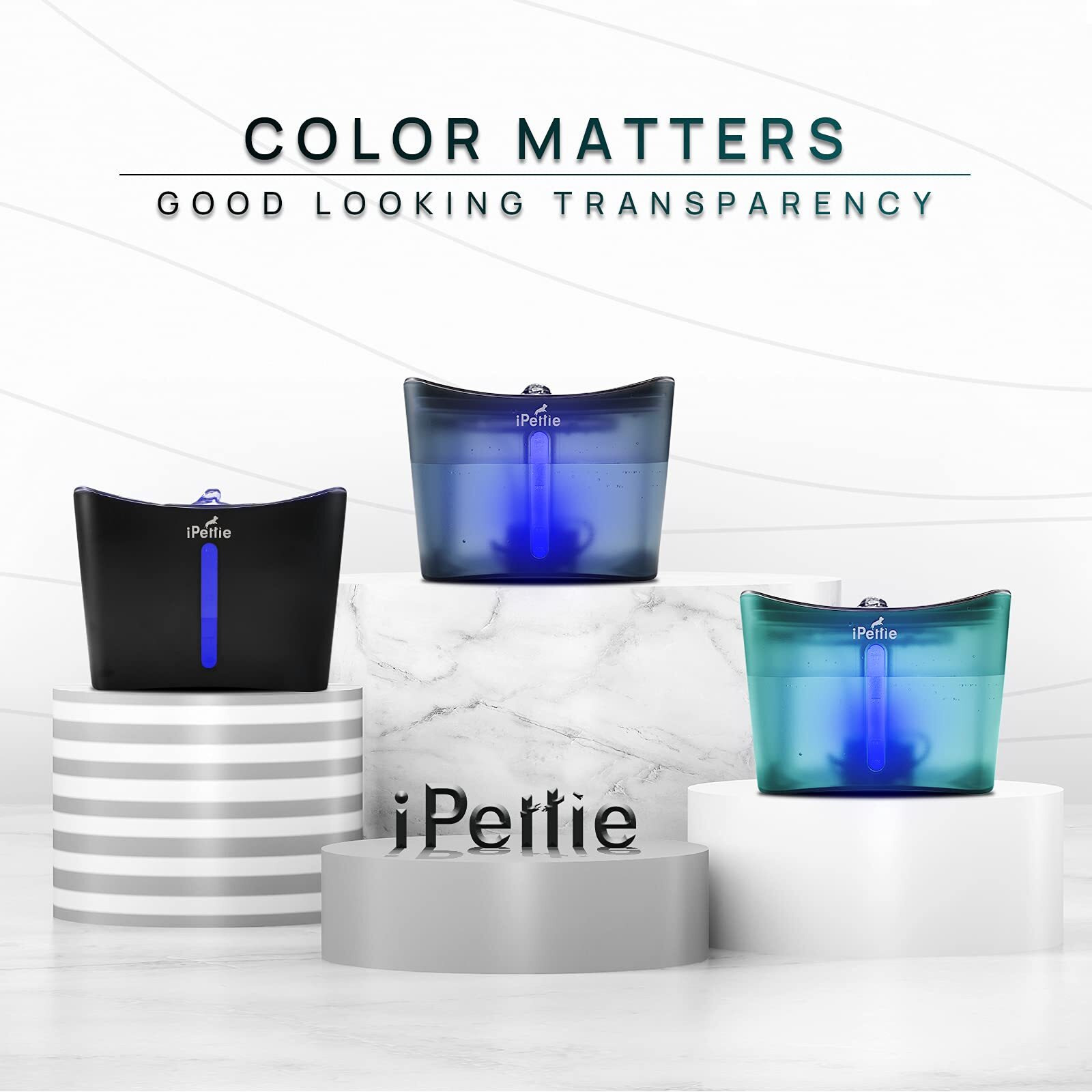 Ipettie Kamino Pet Water Fountain, 101Oz/3L, Ultra-Quiet Automatic Cat Water Dispenser With Led Light & Water Level Window, Auto Power Off Usb Pump & Dual Filters For Cats And Dogs, Translucent Blue